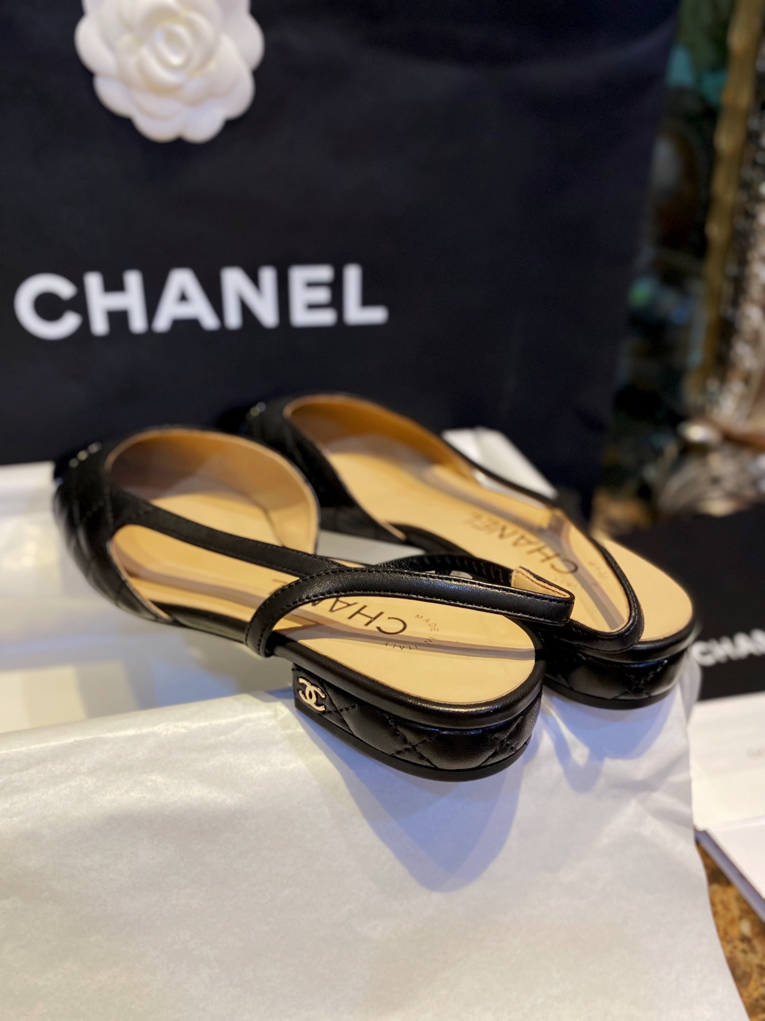 Chanel Black Diamond Pattern Flat Slingback: Imported Lamb Leather with Patchwork Cow Patent Leather Toe, 