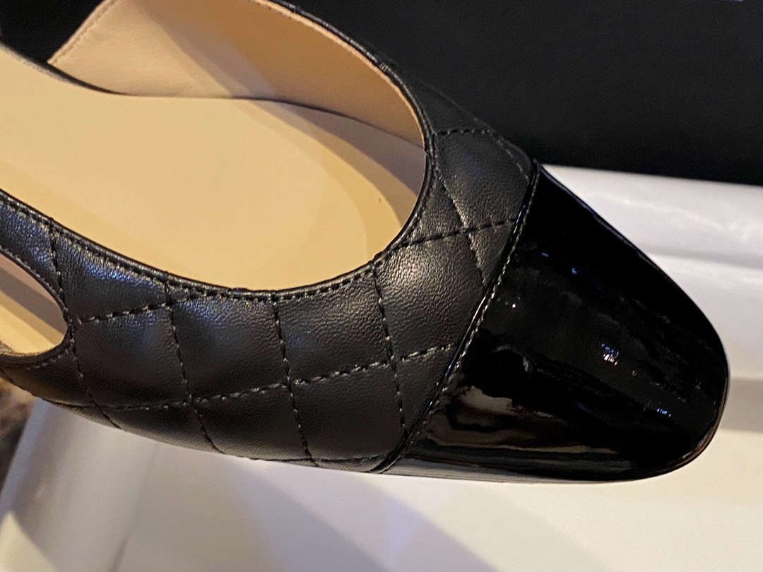 Chanel Black Diamond Pattern Flat Slingback: Imported Lamb Leather with Patchwork Cow Patent Leather Toe, 