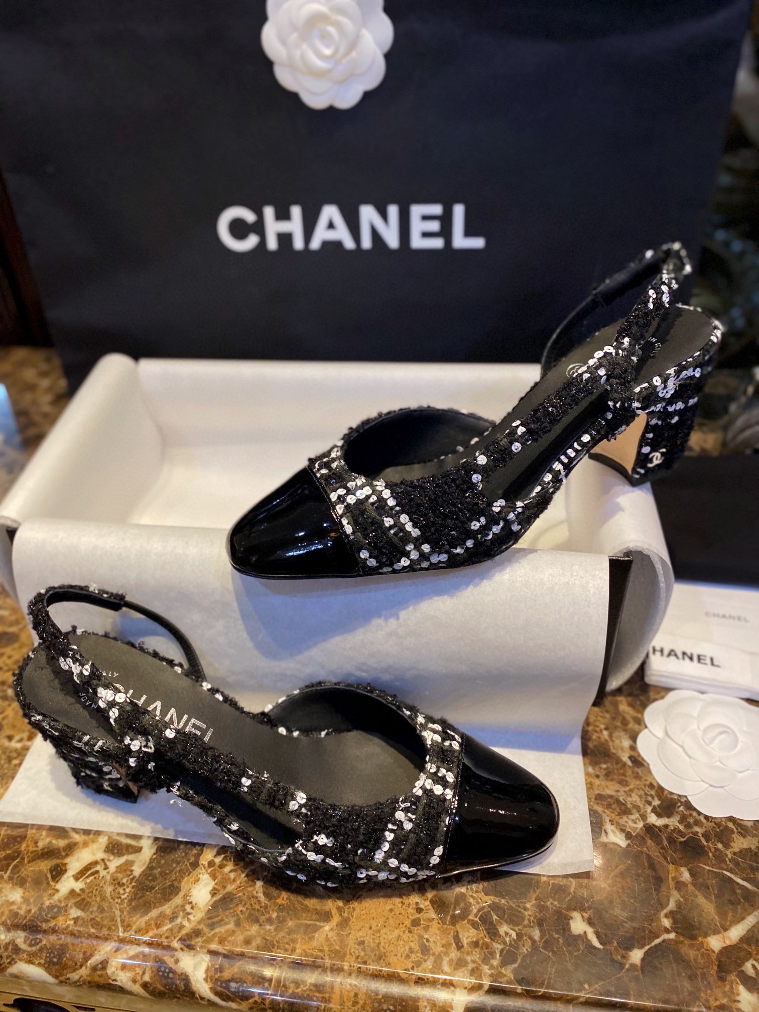 Chanel Woolen Glitter High Heel Slingbacks: Autumn and Winter Demand Woolen Fabric Plus Bling-Bling Elements