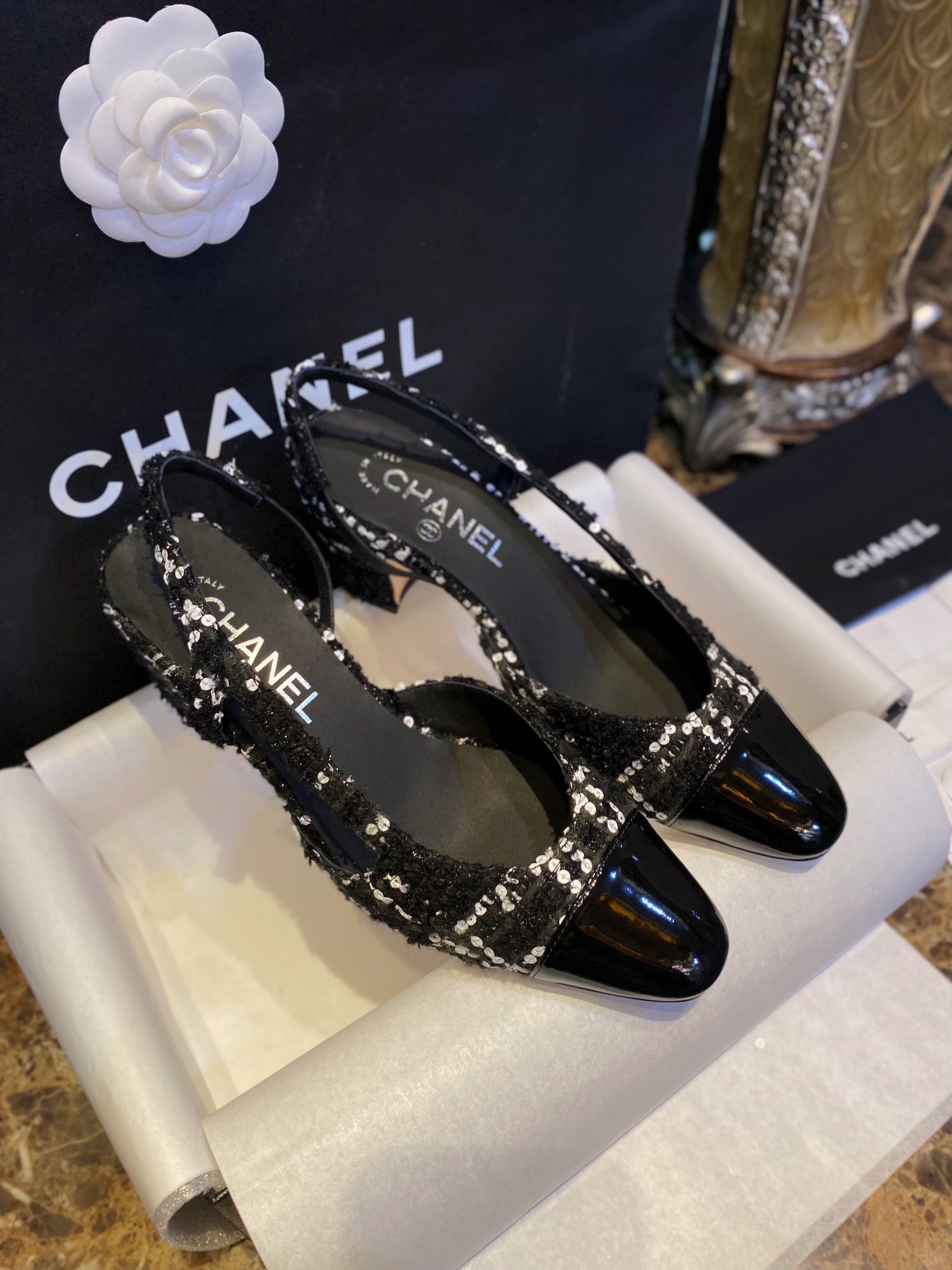 Chanel Woolen Glitter High Heel Slingbacks: Autumn and Winter Demand Woolen Fabric Plus Bling-Bling Elements