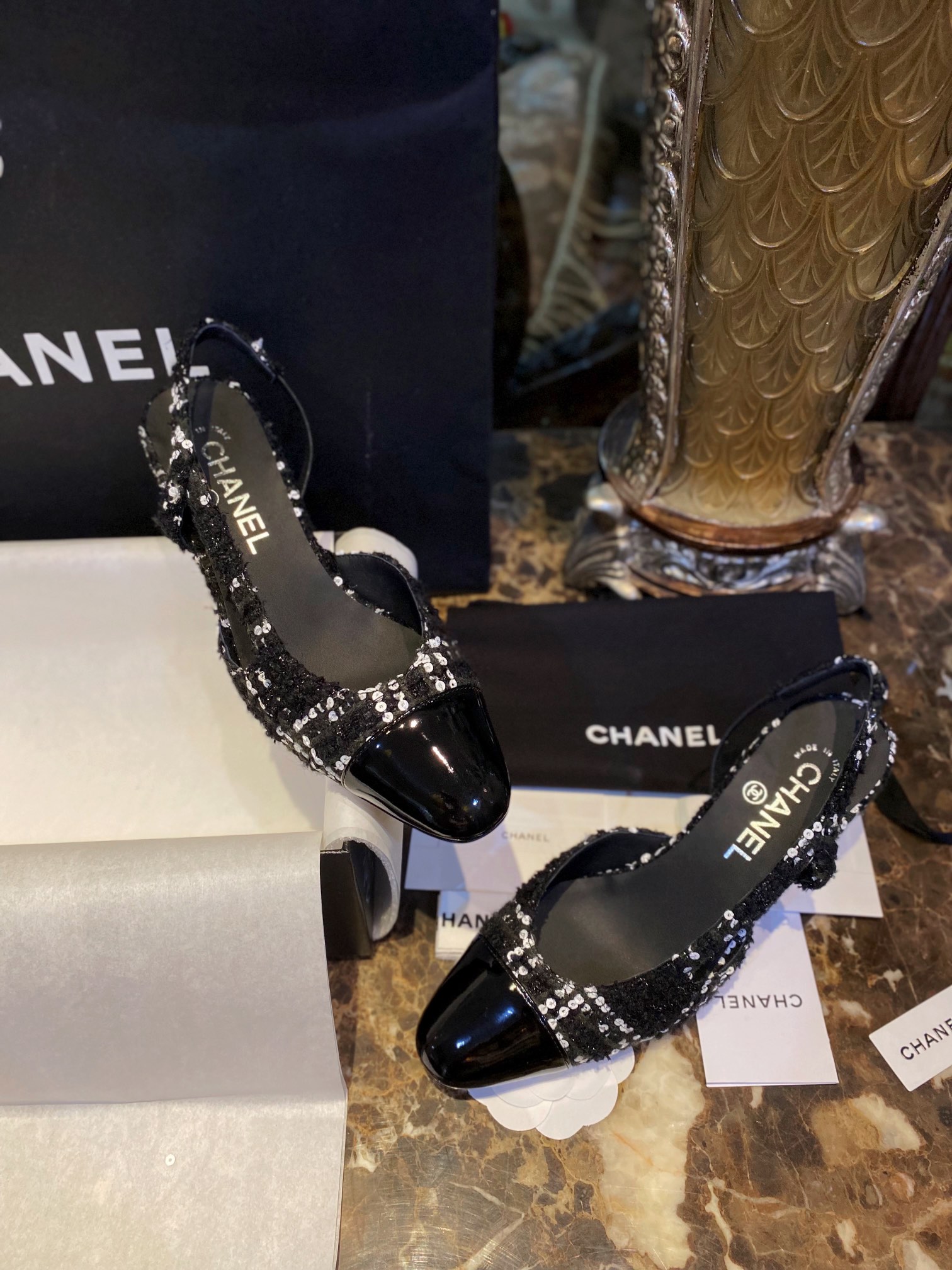 Chanel Woolen Glitter High Heel Slingbacks: Autumn and Winter Demand Woolen Fabric Plus Bling-Bling Elements