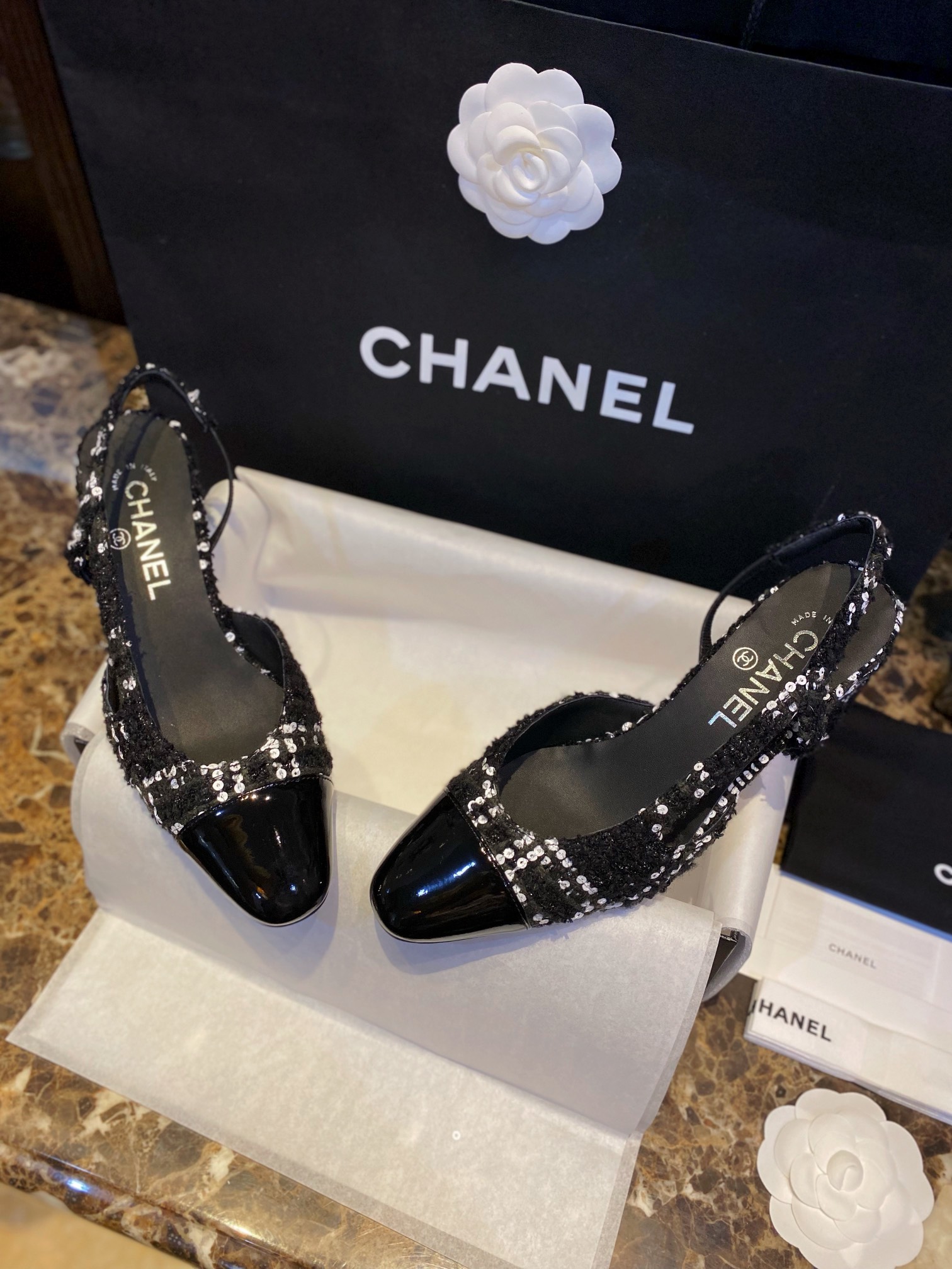 Chanel Woolen Glitter High Heel Slingbacks: Autumn and Winter Demand Woolen Fabric Plus Bling-Bling Elements