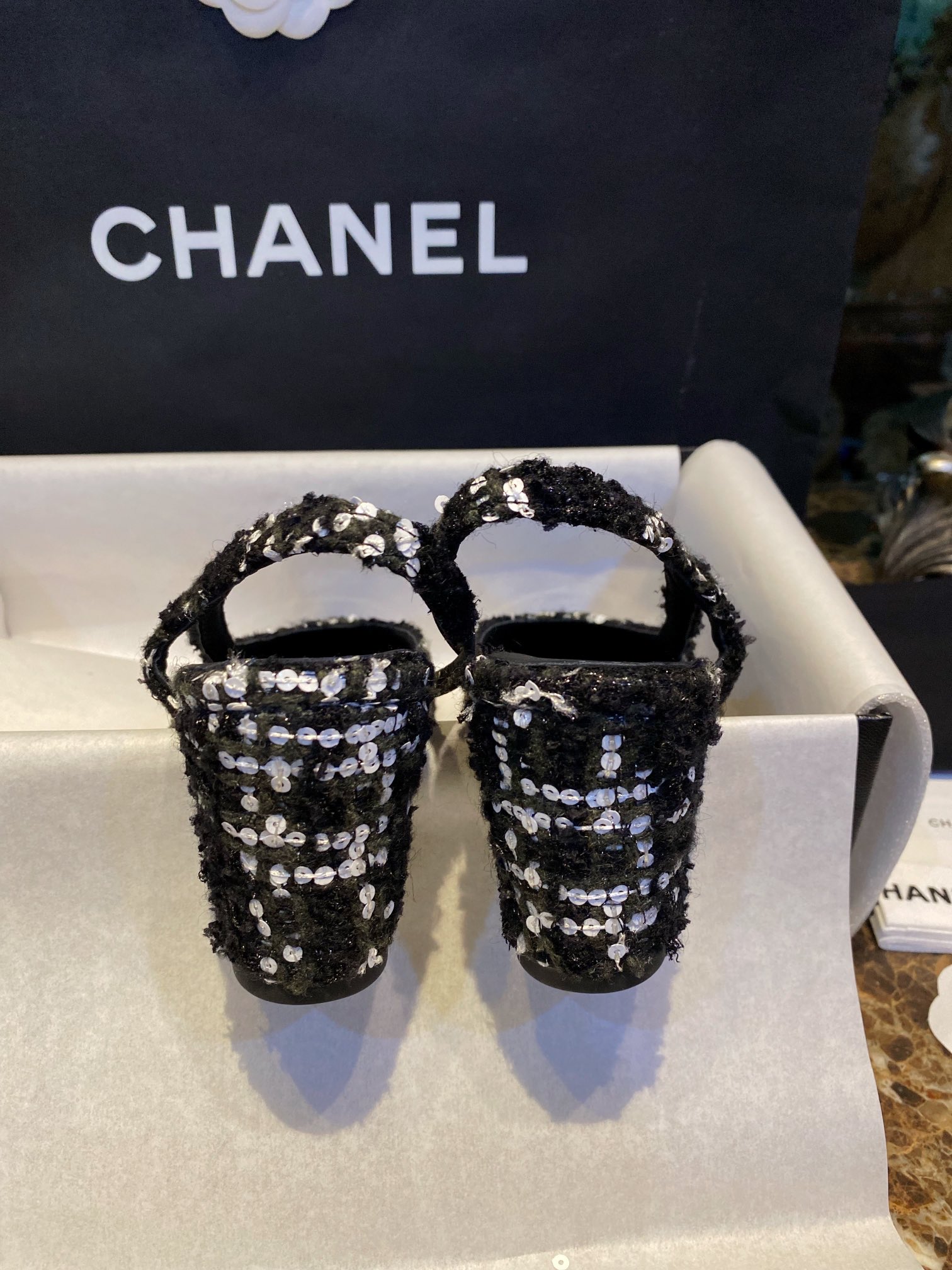 Chanel Woolen Glitter High Heel Slingbacks: Autumn and Winter Demand Woolen Fabric Plus Bling-Bling Elements