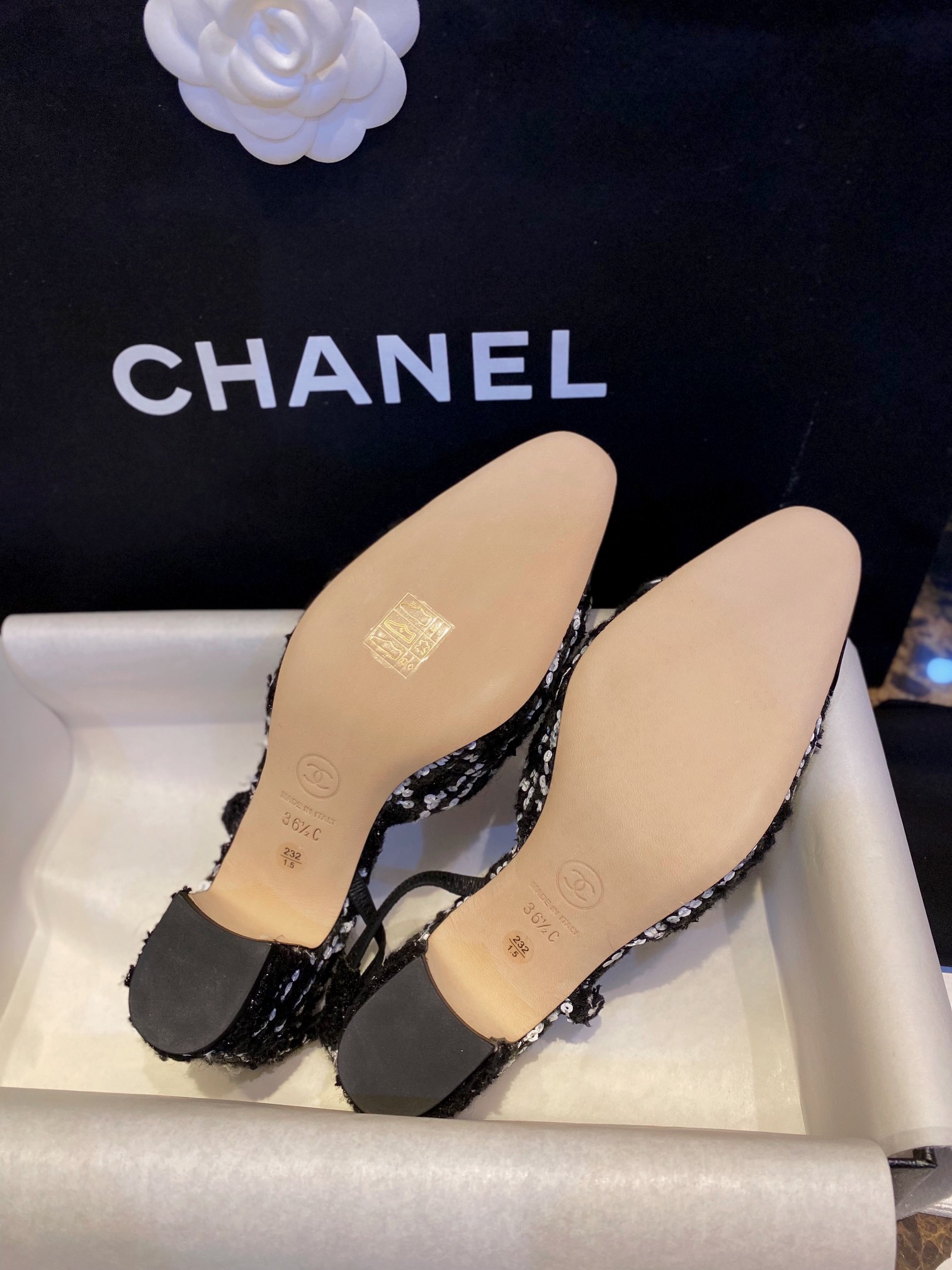 Chanel Woolen Glitter High Heel Slingbacks: Autumn and Winter Demand Woolen Fabric Plus Bling-Bling Elements