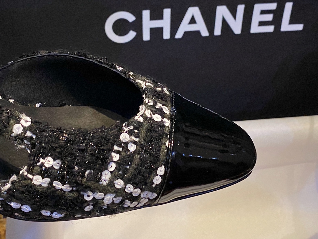 Chanel Woolen Glitter High Heel Slingbacks: Autumn and Winter Demand Woolen Fabric Plus Bling-Bling Elements