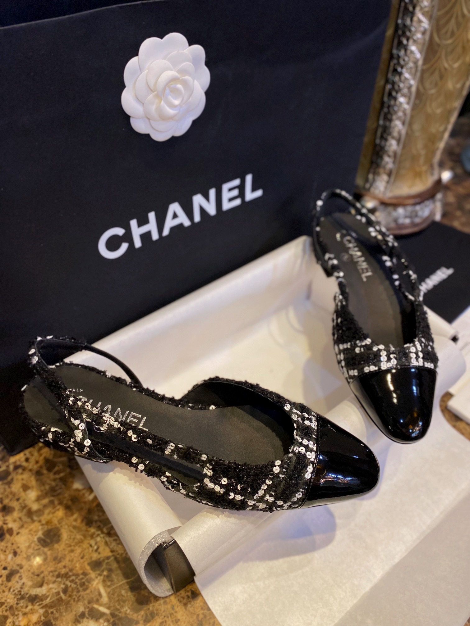 Chanel Woolen Glitter Flat Slingbacks