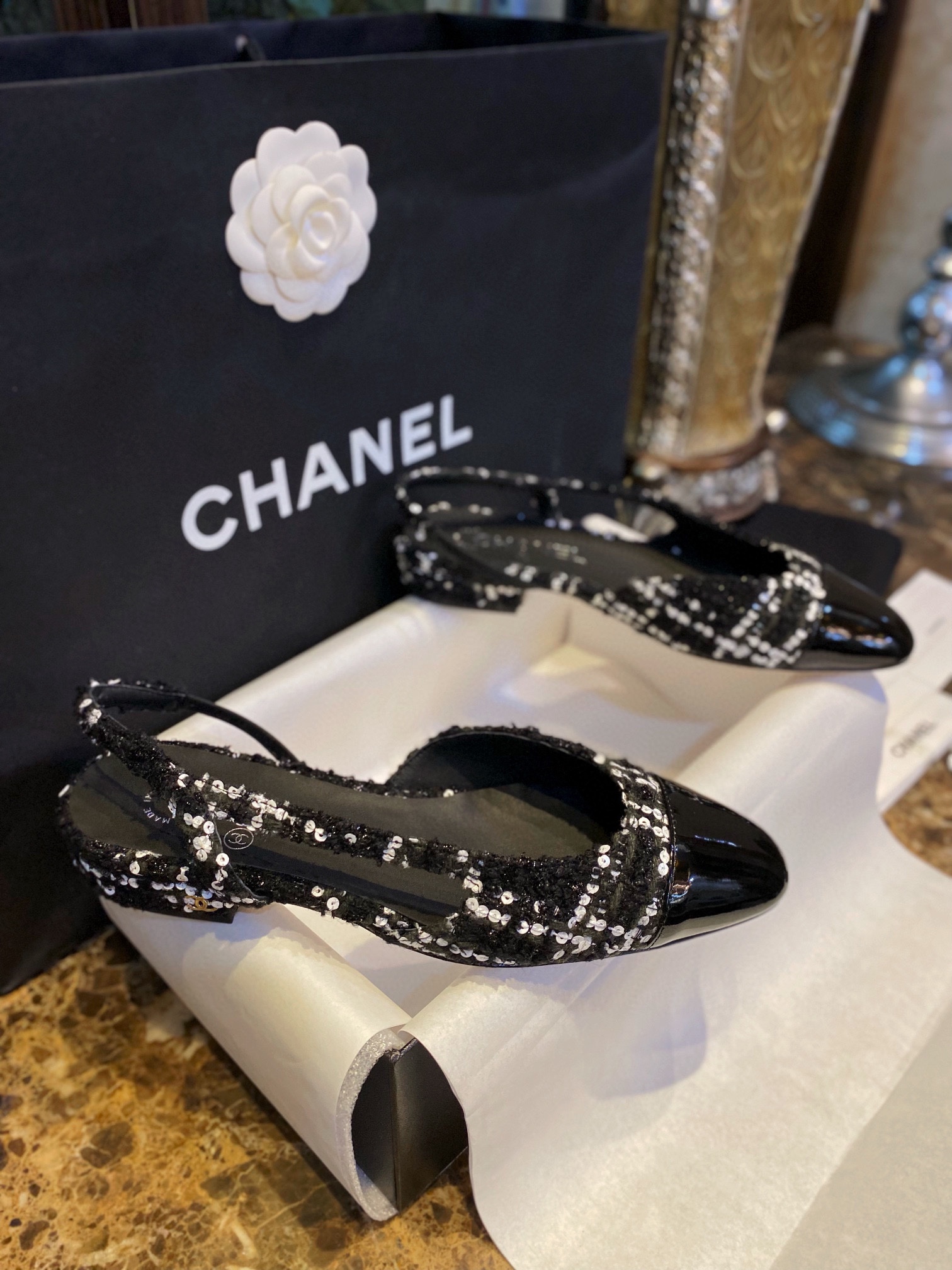 Chanel Woolen Glitter Flat Slingbacks