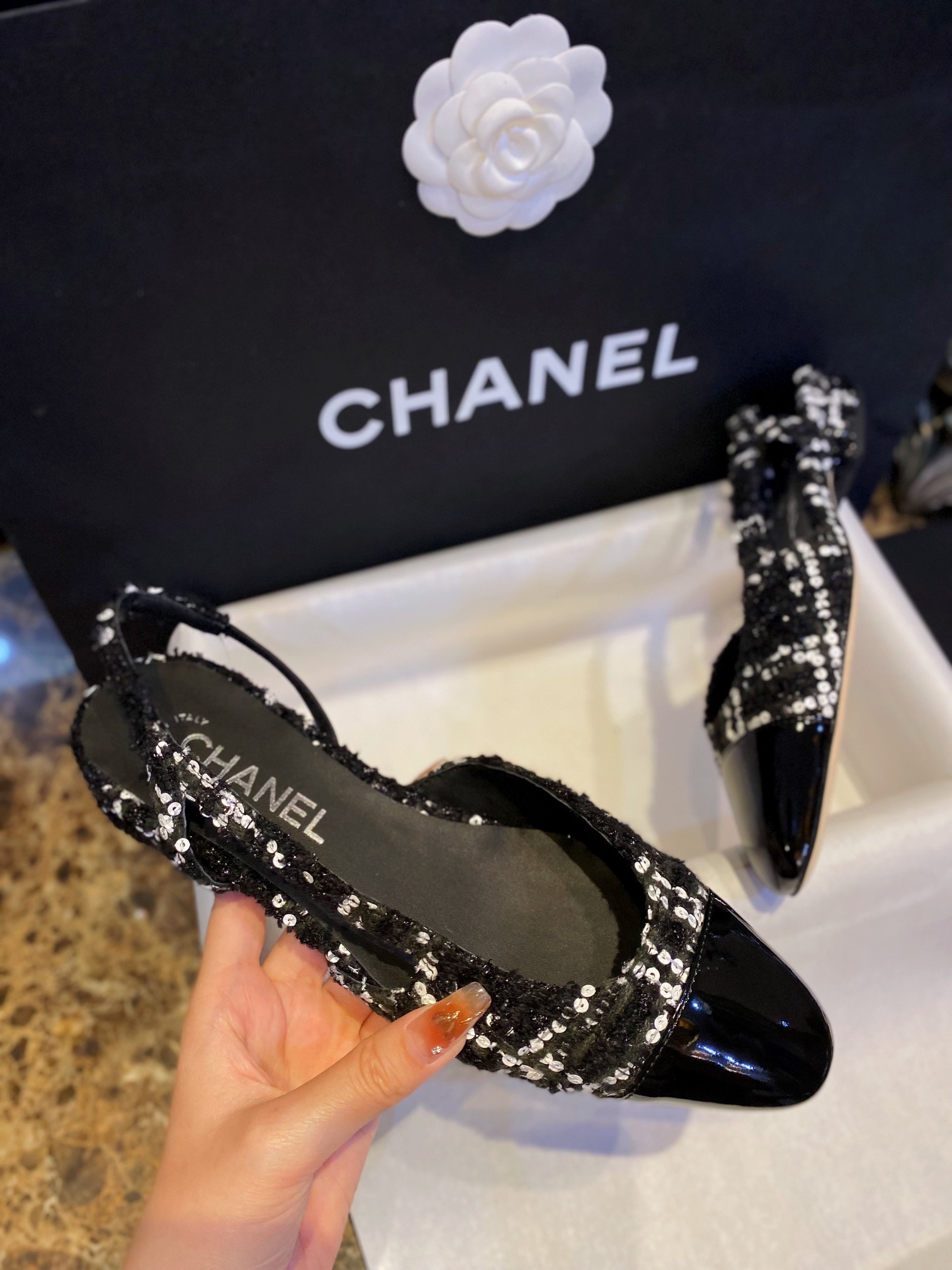 Chanel Woolen Glitter Flat Slingbacks