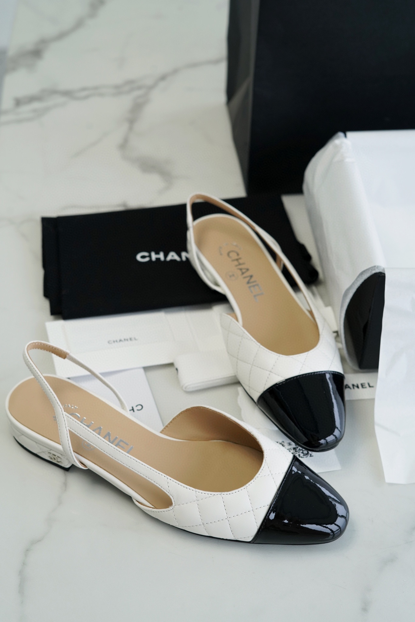 Chanel White Diamond Pattern Flat Slingback: Imported Lamb Leather Patchwork with Cow Patent Leather, 