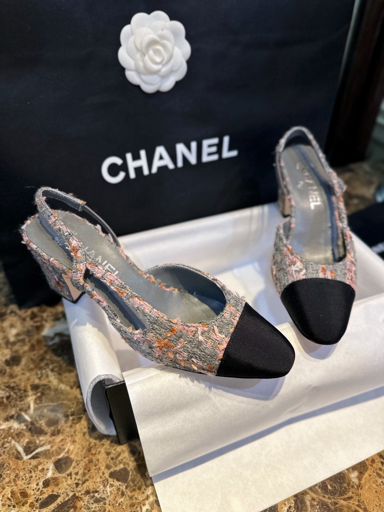 Chanel Grey-Pink Tweed High Heel Slingback: Multiple Fiber Weave Fabric with Satin Patchwork, Ultra-Soft Grey-Pink Coarse Tweed with Matching Sheepskin Lining