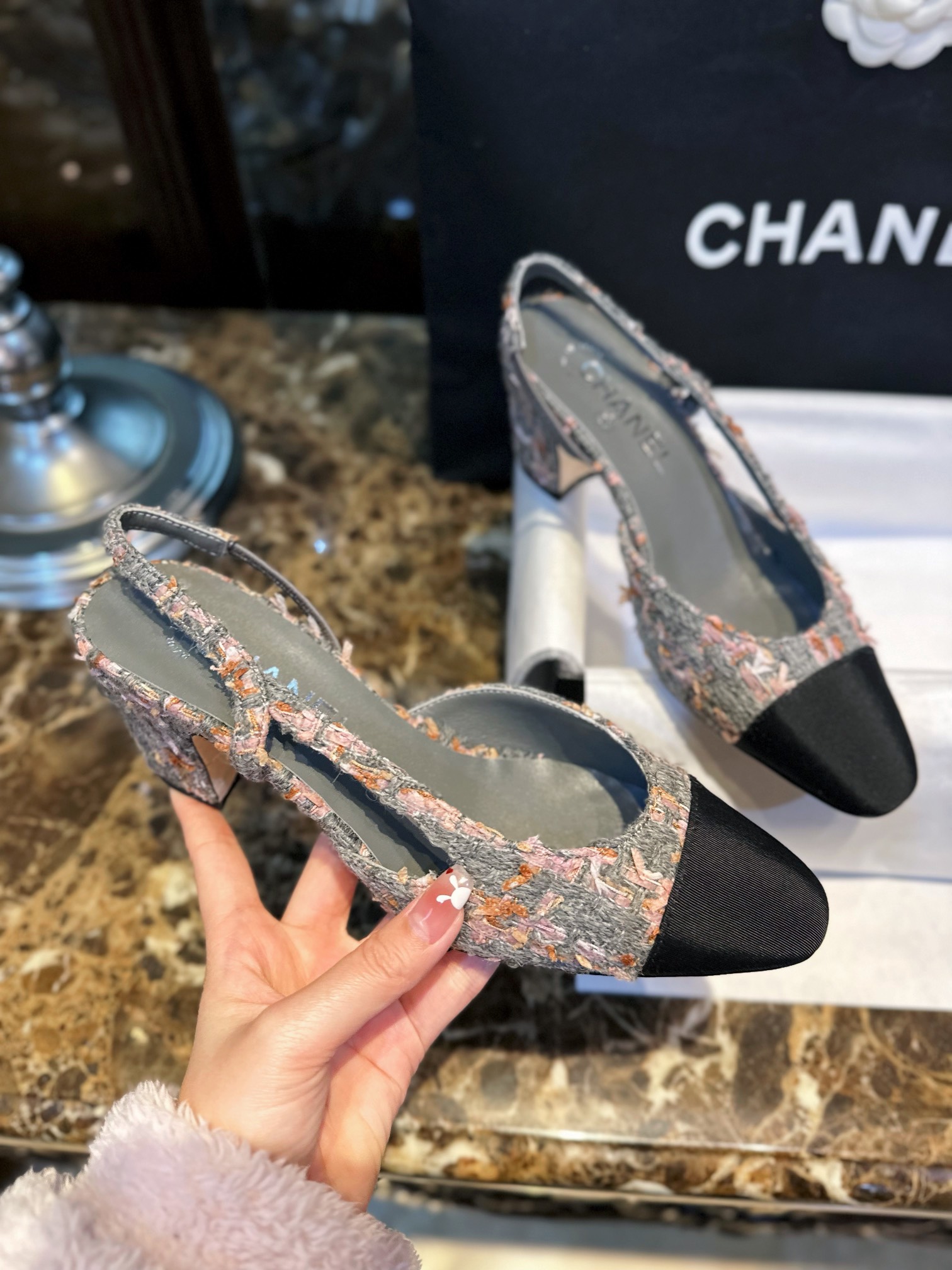 Chanel Grey-Pink Tweed High Heel Slingback: Multiple Fiber Weave Fabric with Satin Patchwork, Ultra-Soft Grey-Pink Coarse Tweed with Matching Sheepskin Lining