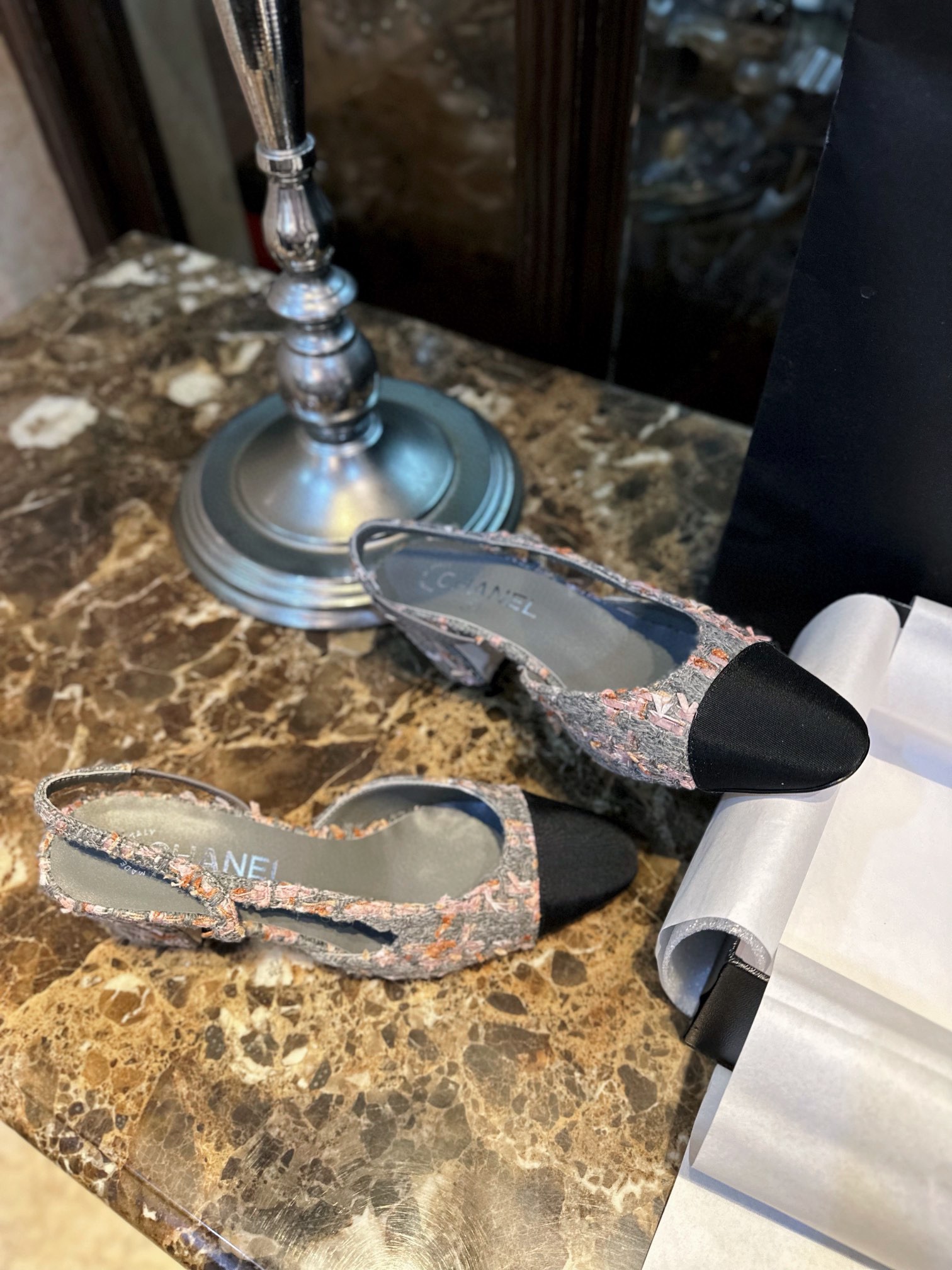 Chanel Grey-Pink Tweed High Heel Slingback: Multiple Fiber Weave Fabric with Satin Patchwork, Ultra-Soft Grey-Pink Coarse Tweed with Matching Sheepskin Lining