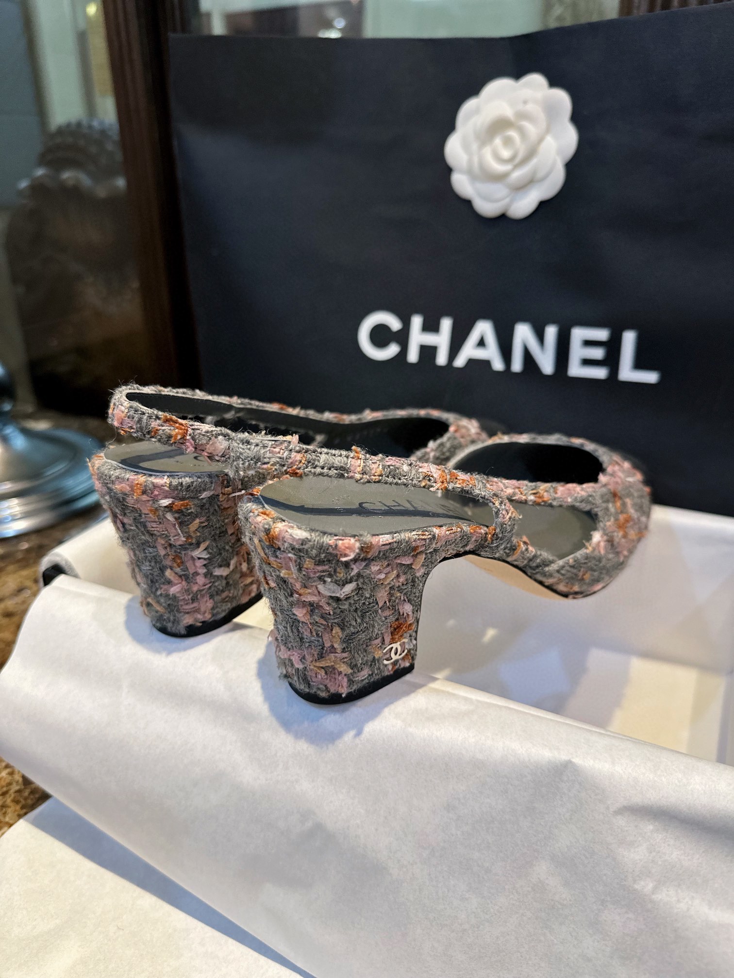 Chanel Grey-Pink Tweed High Heel Slingback: Multiple Fiber Weave Fabric with Satin Patchwork, Ultra-Soft Grey-Pink Coarse Tweed with Matching Sheepskin Lining