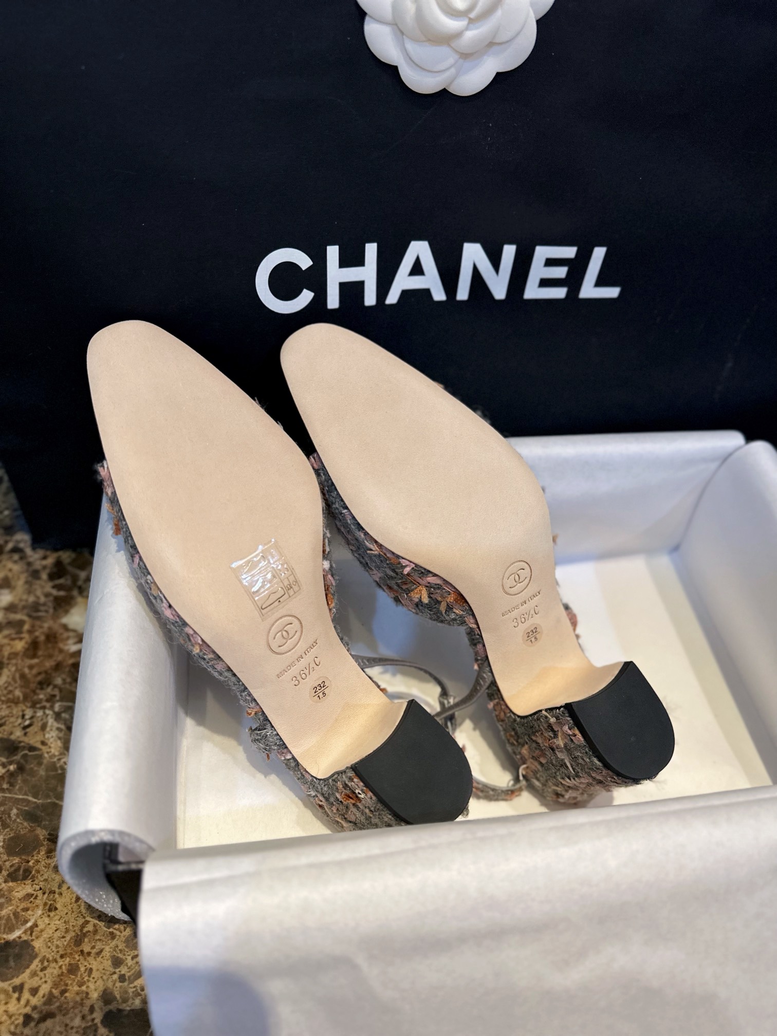 Chanel Grey-Pink Tweed High Heel Slingback: Multiple Fiber Weave Fabric with Satin Patchwork, Ultra-Soft Grey-Pink Coarse Tweed with Matching Sheepskin Lining