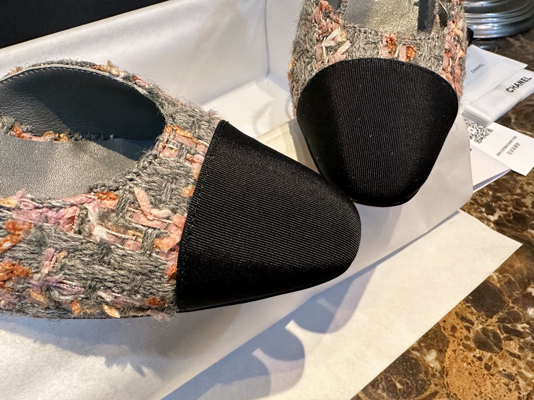 Chanel Grey-Pink Tweed High Heel Slingback: Multiple Fiber Weave Fabric with Satin Patchwork, Ultra-Soft Grey-Pink Coarse Tweed with Matching Sheepskin Lining