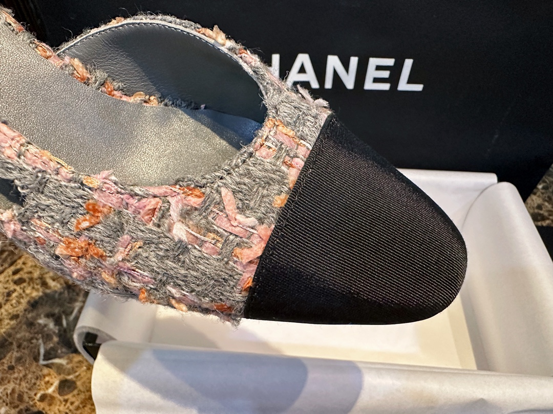 Chanel Grey-Pink Tweed High Heel Slingback: Multiple Fiber Weave Fabric with Satin Patchwork, Ultra-Soft Grey-Pink Coarse Tweed with Matching Sheepskin Lining