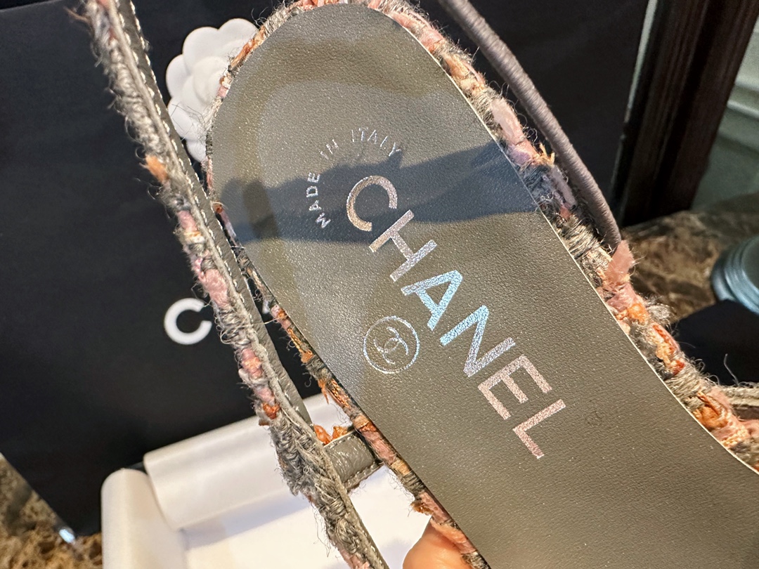 Chanel Grey-Pink Tweed High Heel Slingback: Multiple Fiber Weave Fabric with Satin Patchwork, Ultra-Soft Grey-Pink Coarse Tweed with Matching Sheepskin Lining