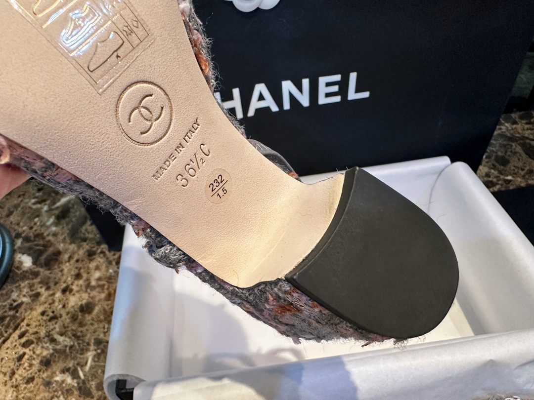 Chanel Grey-Pink Tweed High Heel Slingback: Multiple Fiber Weave Fabric with Satin Patchwork, Ultra-Soft Grey-Pink Coarse Tweed with Matching Sheepskin Lining