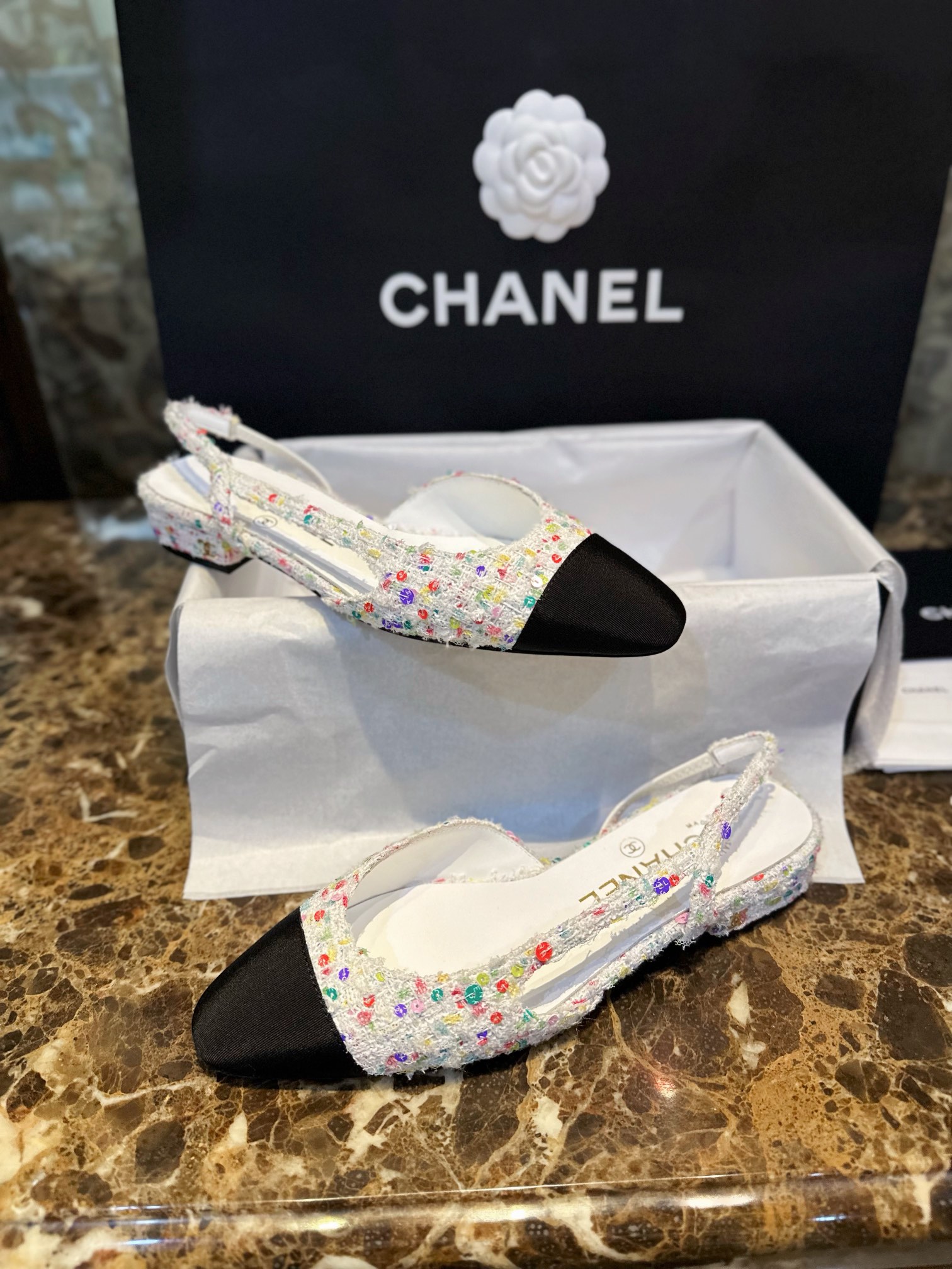 Chanel Lamb Leather Sequin Tweed Flat Slingback with Low Heel Height