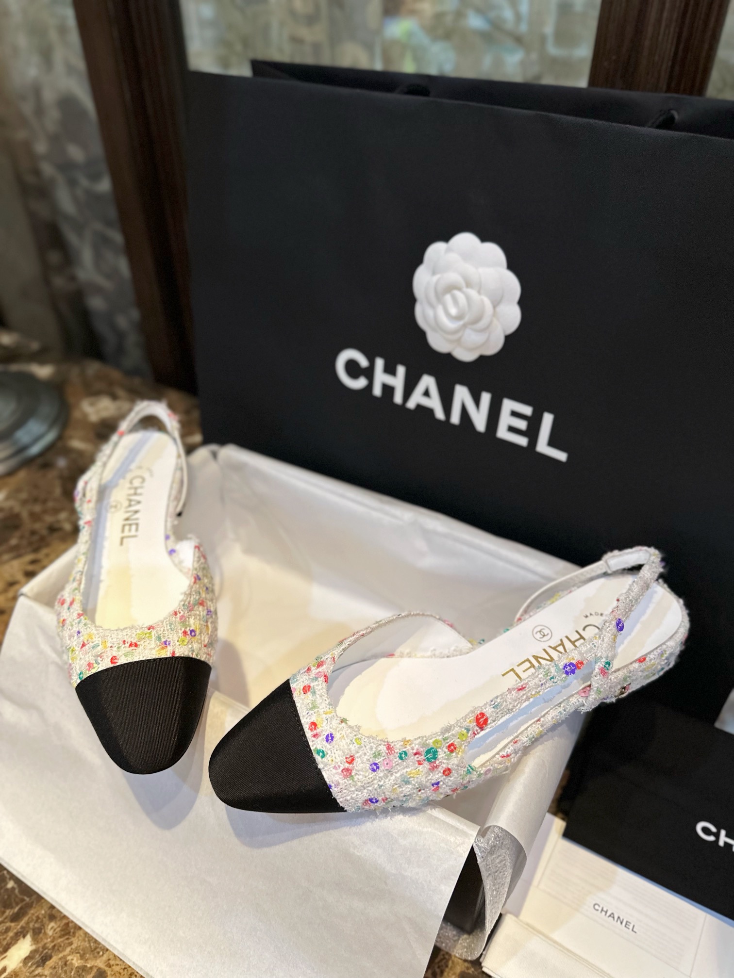 Chanel Lamb Leather Sequin Tweed Flat Slingback with Low Heel Height