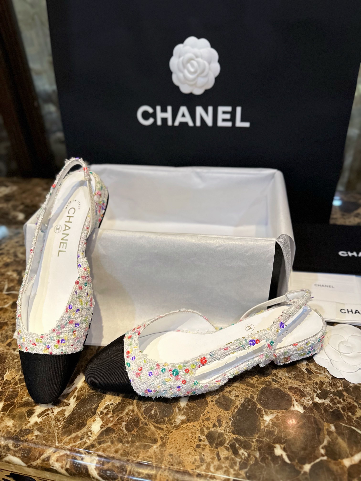 Chanel Lamb Leather Sequin Tweed Flat Slingback with Low Heel Height