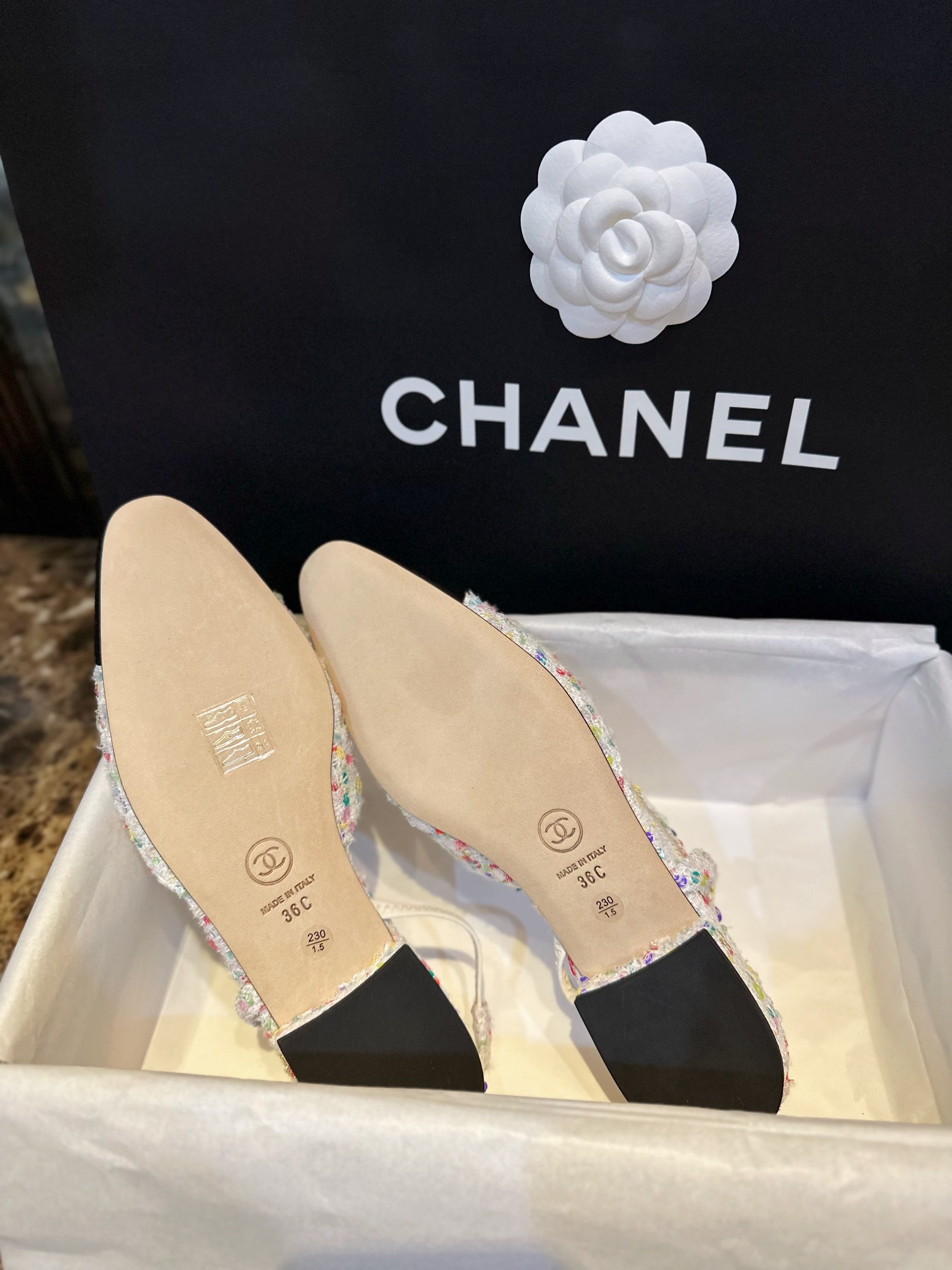 Chanel Lamb Leather Sequin Tweed Flat Slingback with Low Heel Height