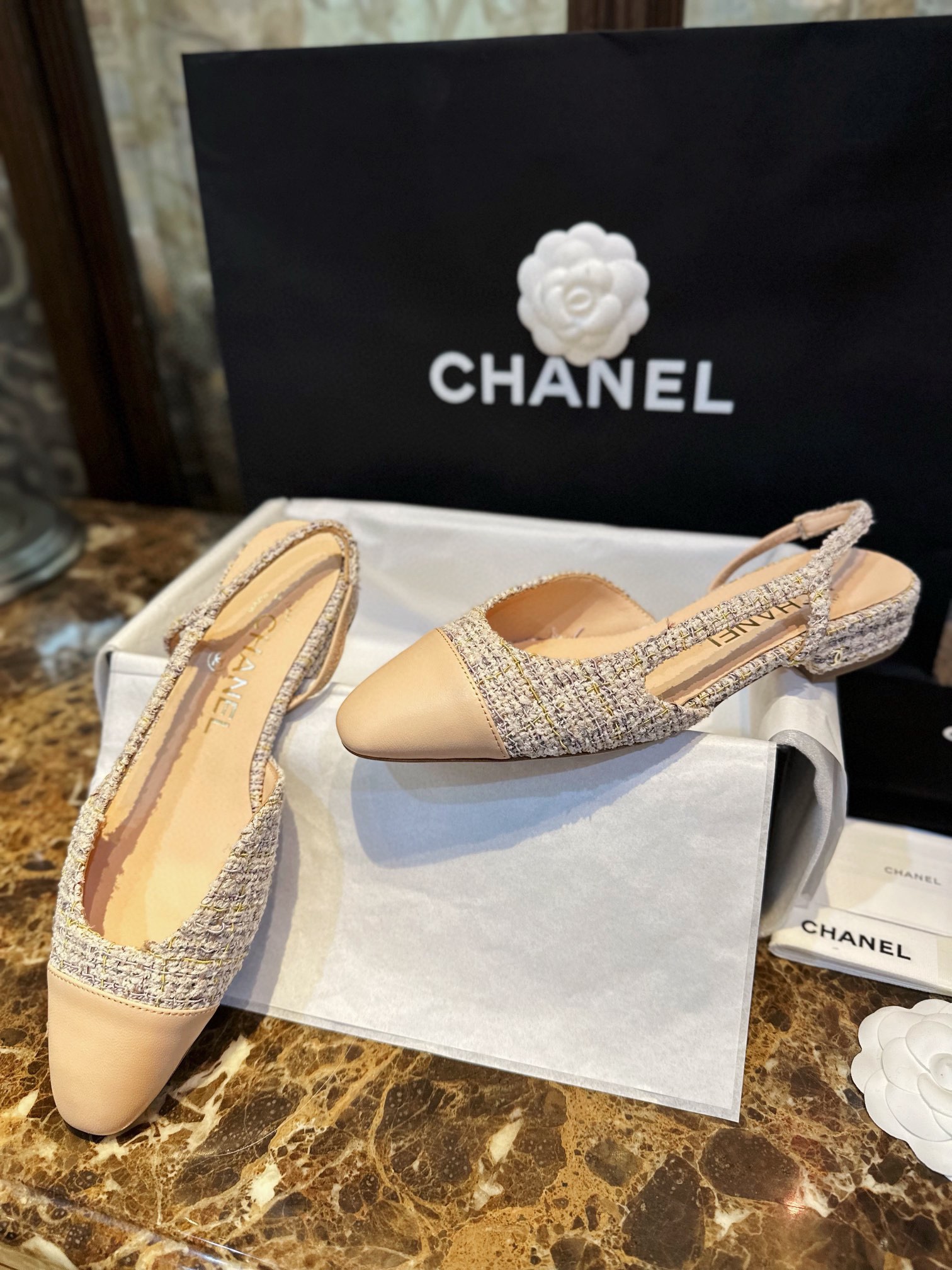 Chanel Apricot Lamb Skin Elastic Wool Flat Shoes, Silk Satin Wool Flower Patch Apricot Head Design