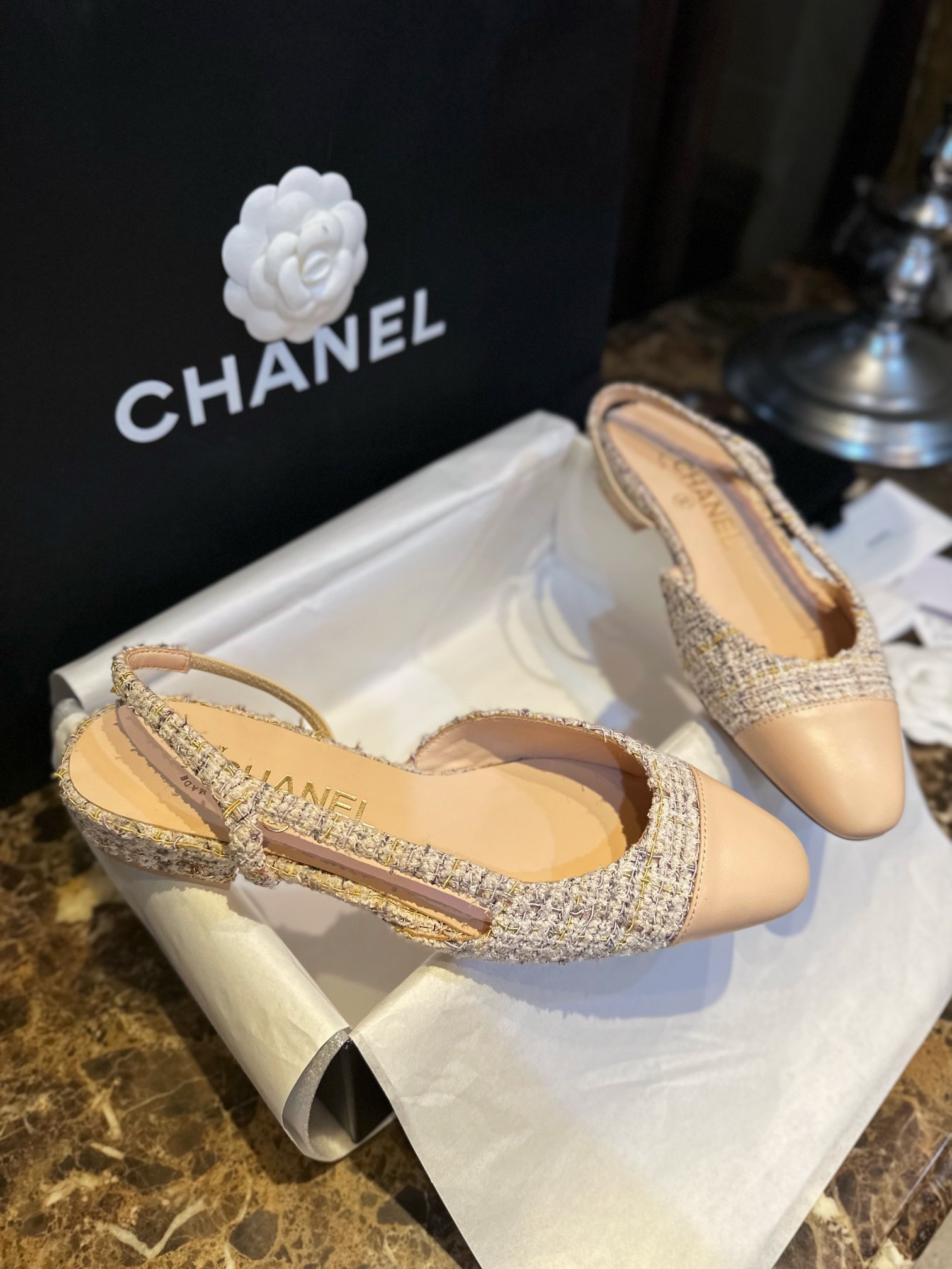 Chanel Apricot Lamb Skin Elastic Wool Flat Shoes, Silk Satin Wool Flower Patch Apricot Head Design