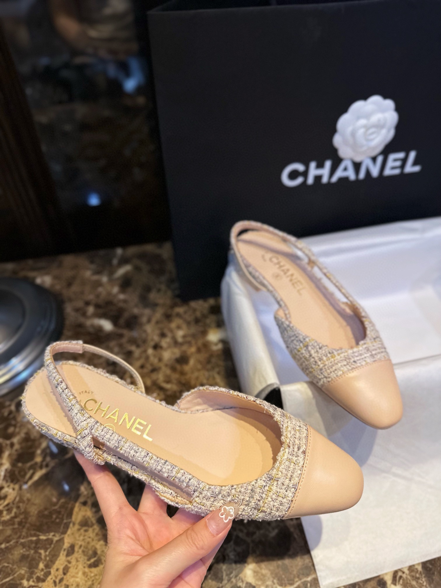 Chanel Apricot Lamb Skin Elastic Wool Flat Shoes, Silk Satin Wool Flower Patch Apricot Head Design