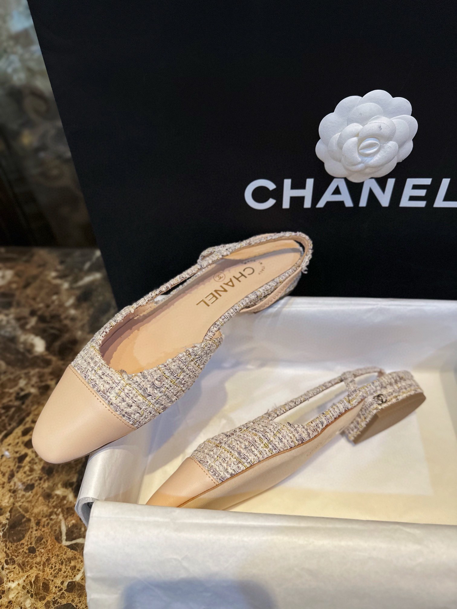 Chanel Apricot Lamb Skin Elastic Wool Flat Shoes, Silk Satin Wool Flower Patch Apricot Head Design