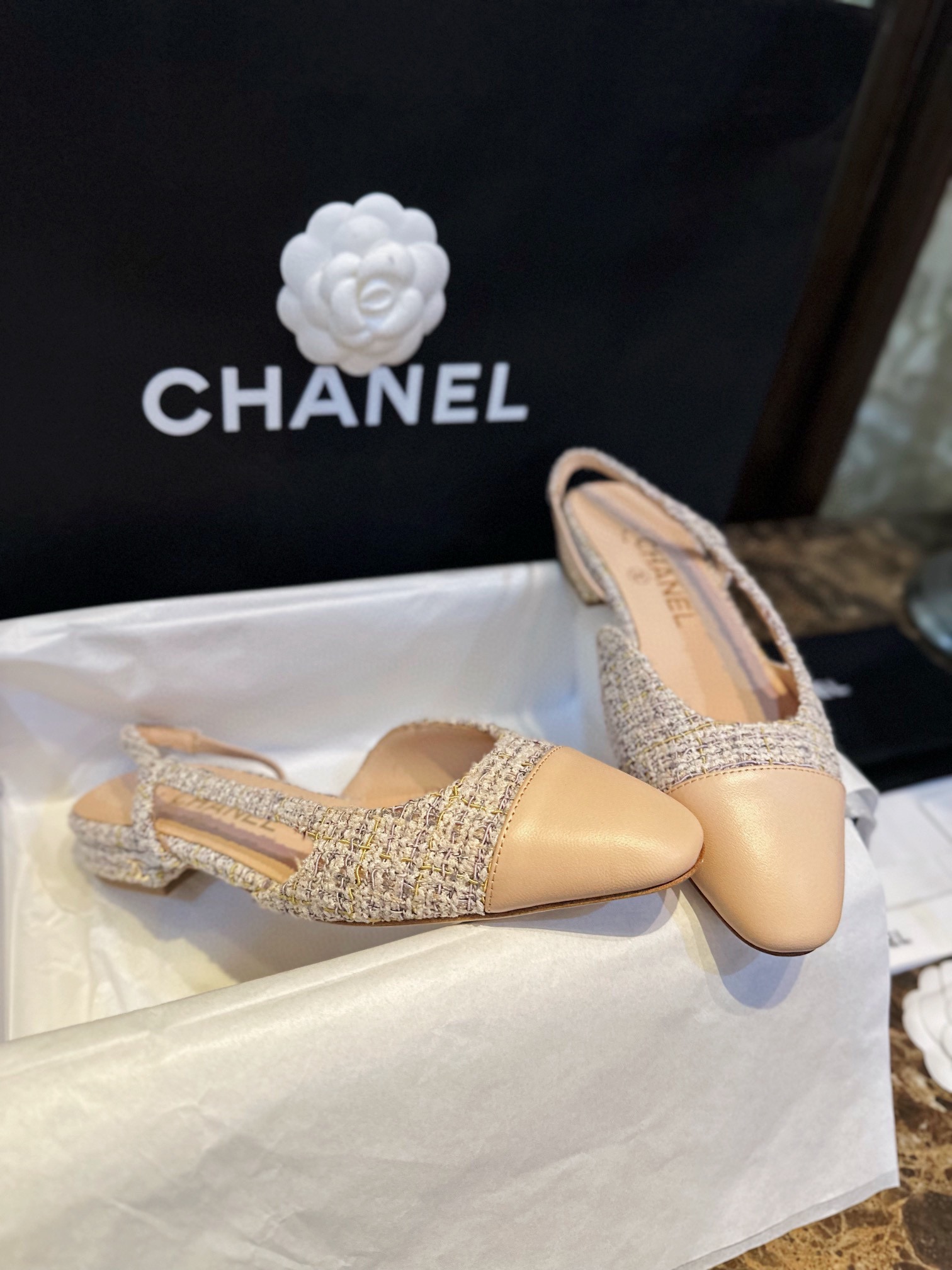 Chanel Apricot Lamb Skin Elastic Wool Flat Shoes, Silk Satin Wool Flower Patch Apricot Head Design