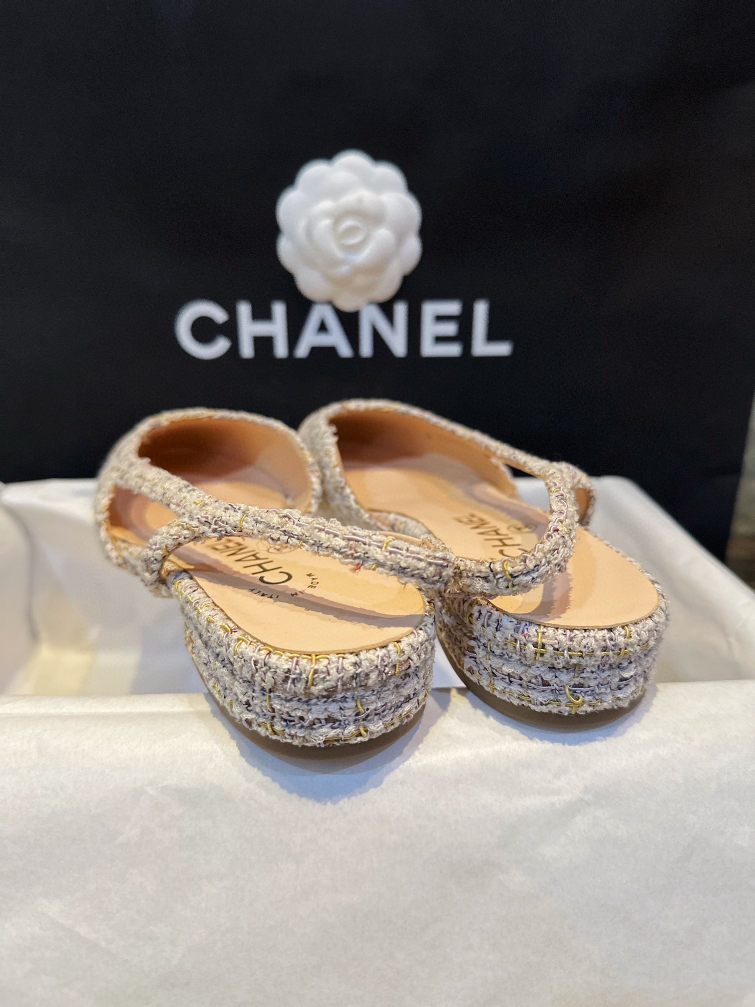 Chanel Apricot Lamb Skin Elastic Wool Flat Shoes, Silk Satin Wool Flower Patch Apricot Head Design