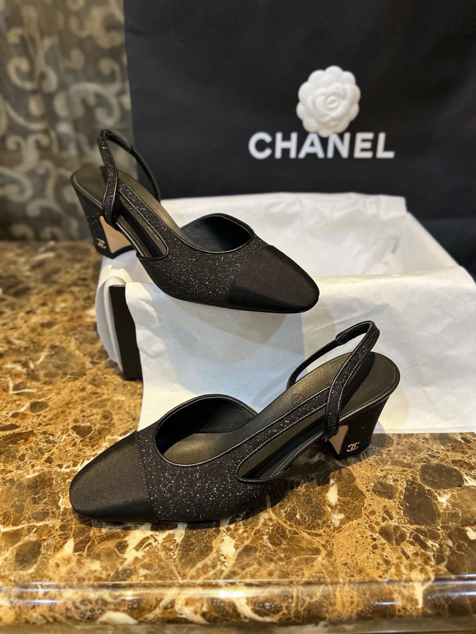 Chanel Black Glitter High Heel Sandals with Back Strap