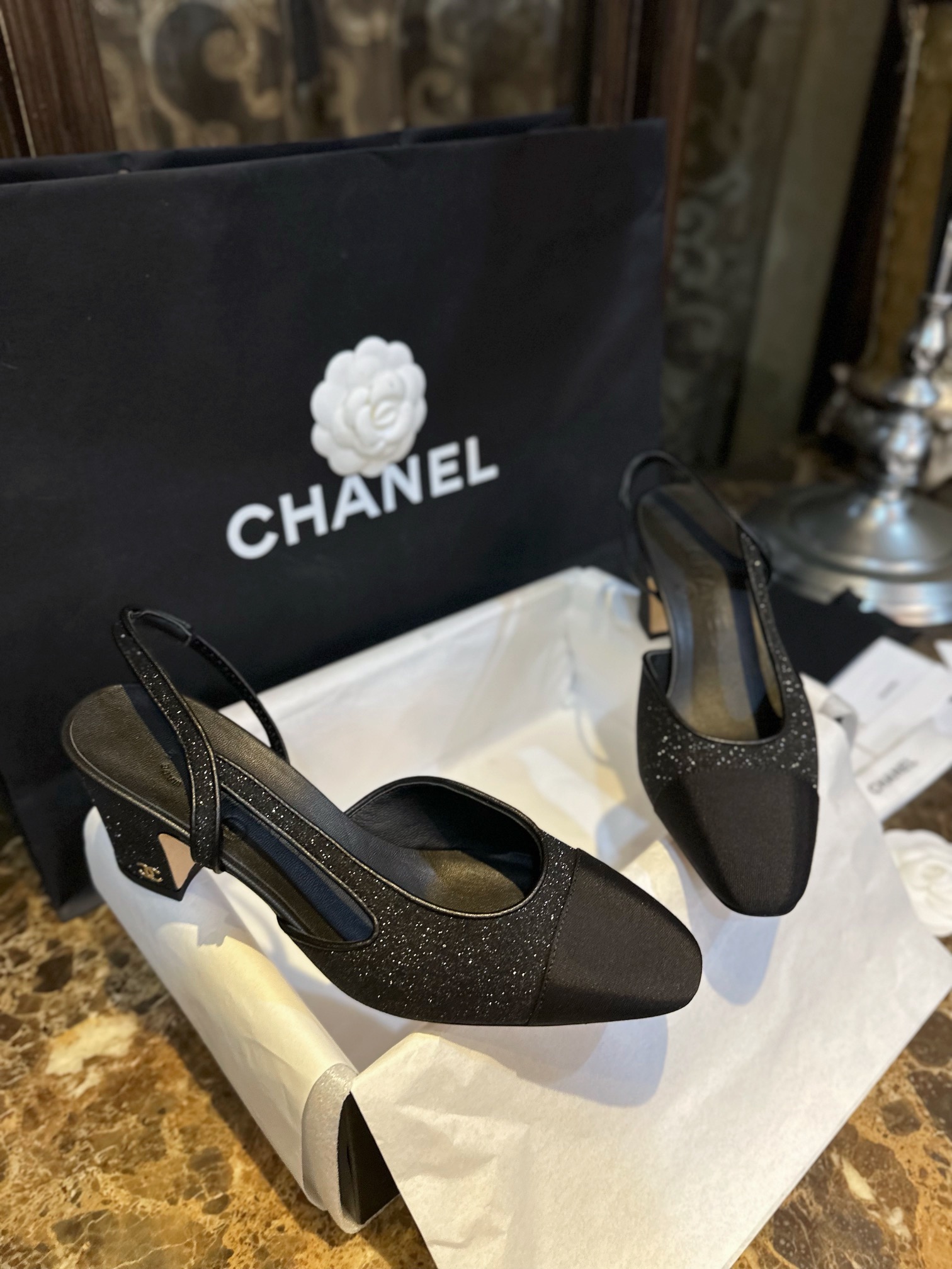 Chanel Black Glitter High Heel Sandals with Back Strap