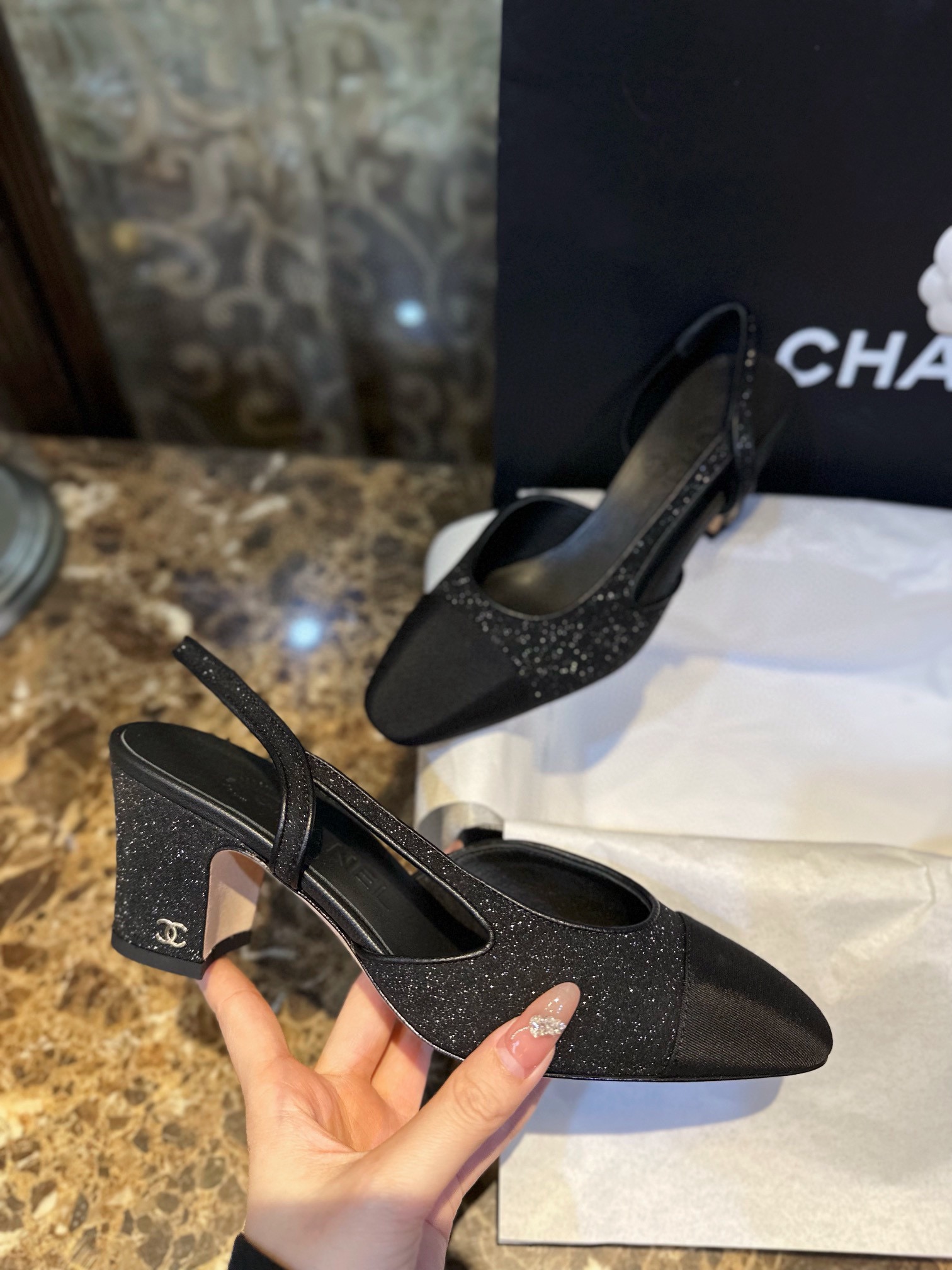 Chanel Black Glitter High Heel Sandals with Back Strap