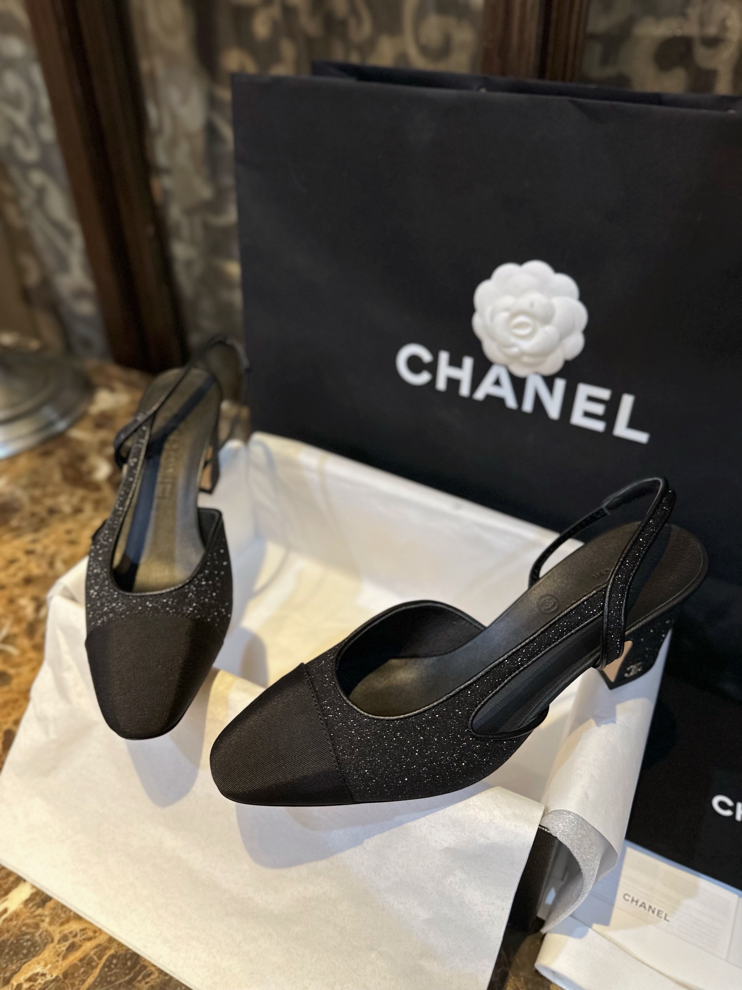 Chanel Black Glitter High Heel Sandals with Back Strap