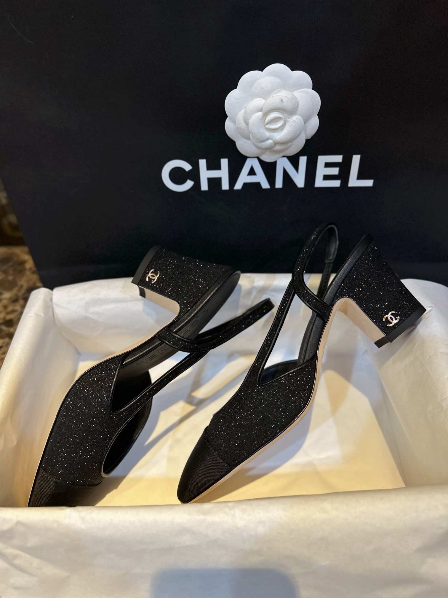 Chanel Black Glitter High Heel Sandals with Back Strap