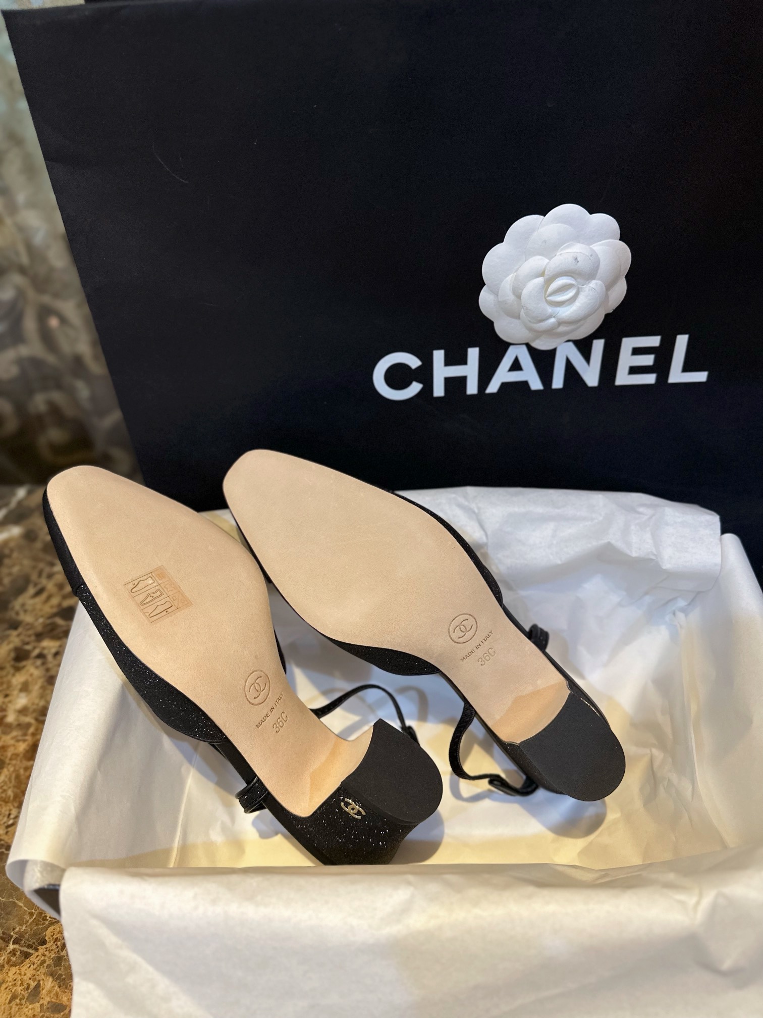 Chanel Black Glitter High Heel Sandals with Back Strap