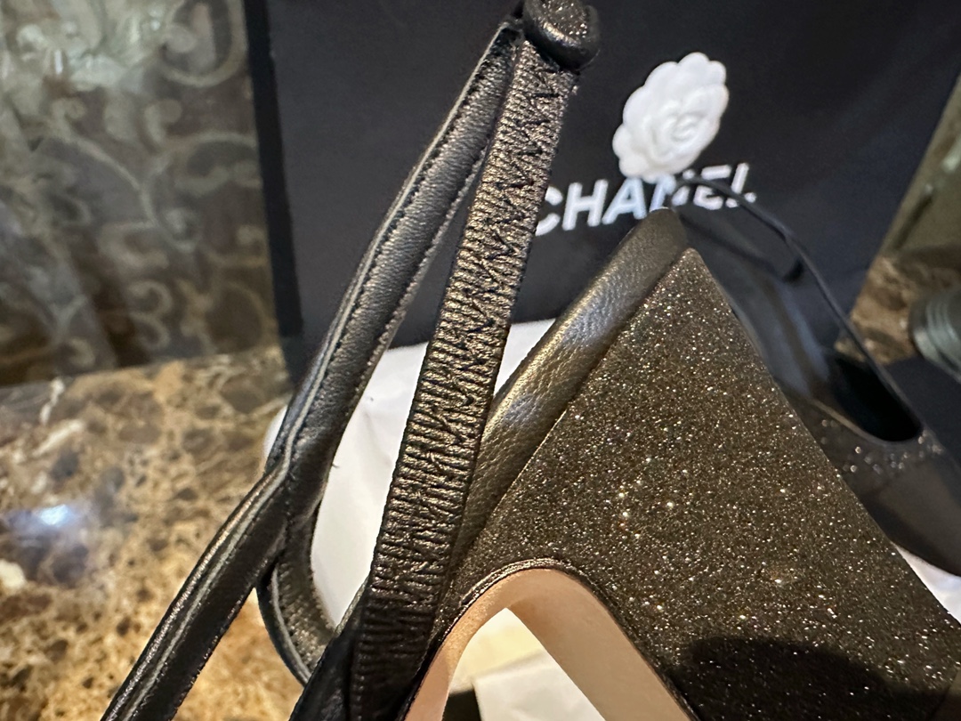 Chanel Black Glitter High Heel Sandals with Back Strap