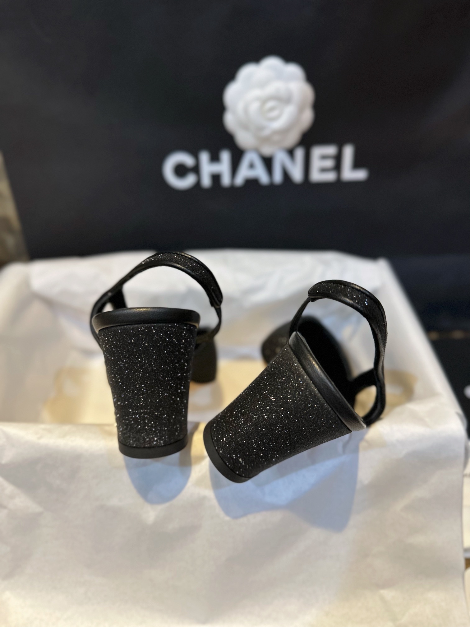 Chanel Black Glitter High Heel Sandals with Back Strap