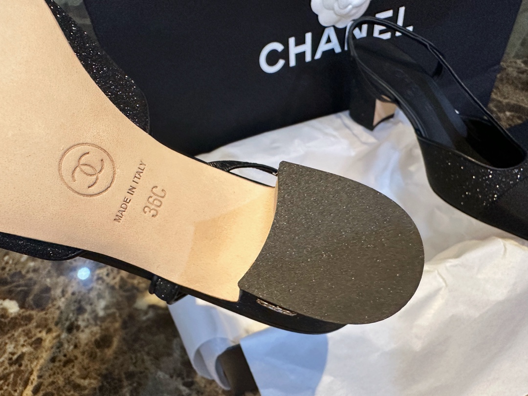 Chanel Black Glitter High Heel Sandals with Back Strap