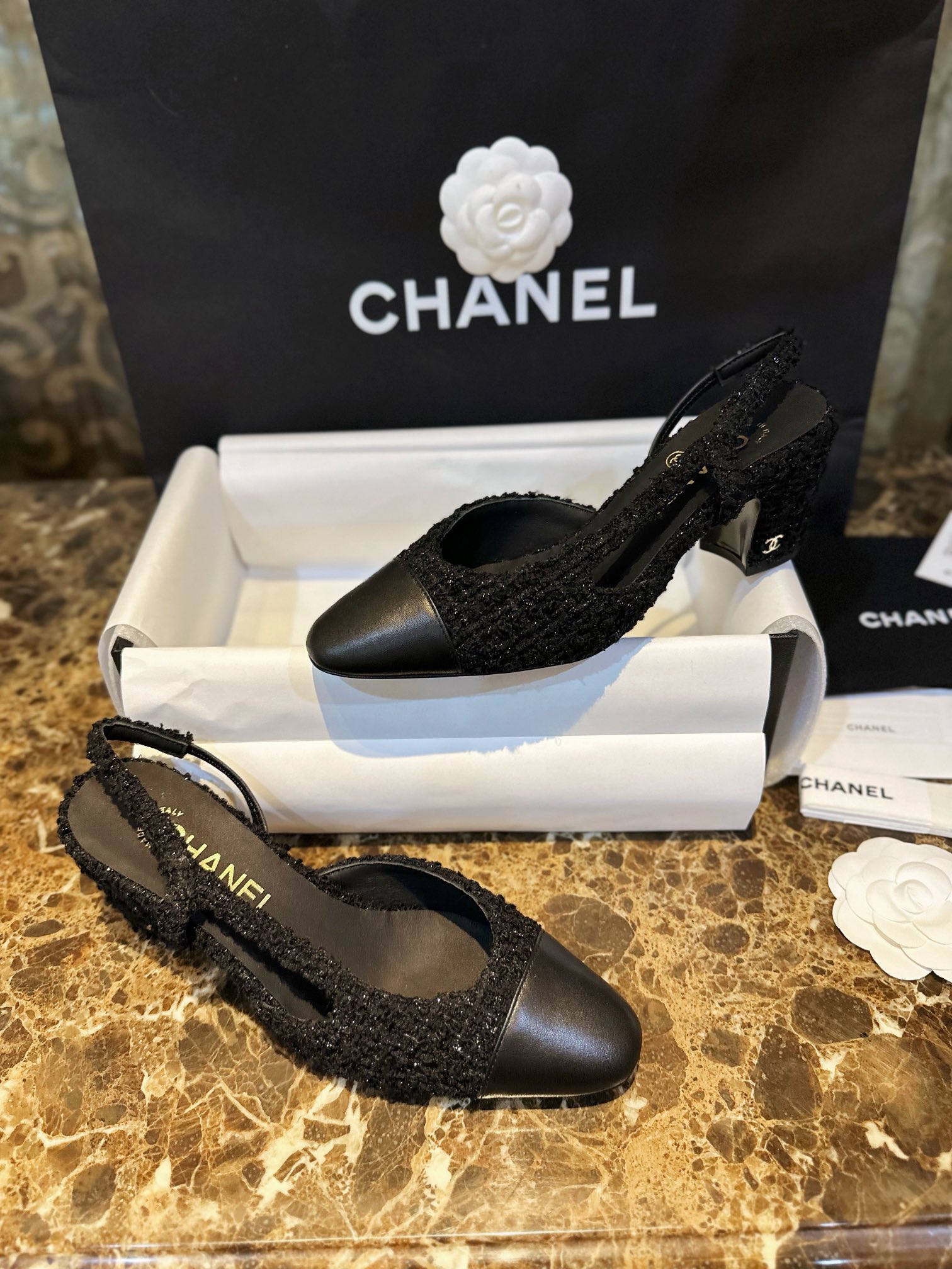 Chanel Black Glitter Tweed High Heel 