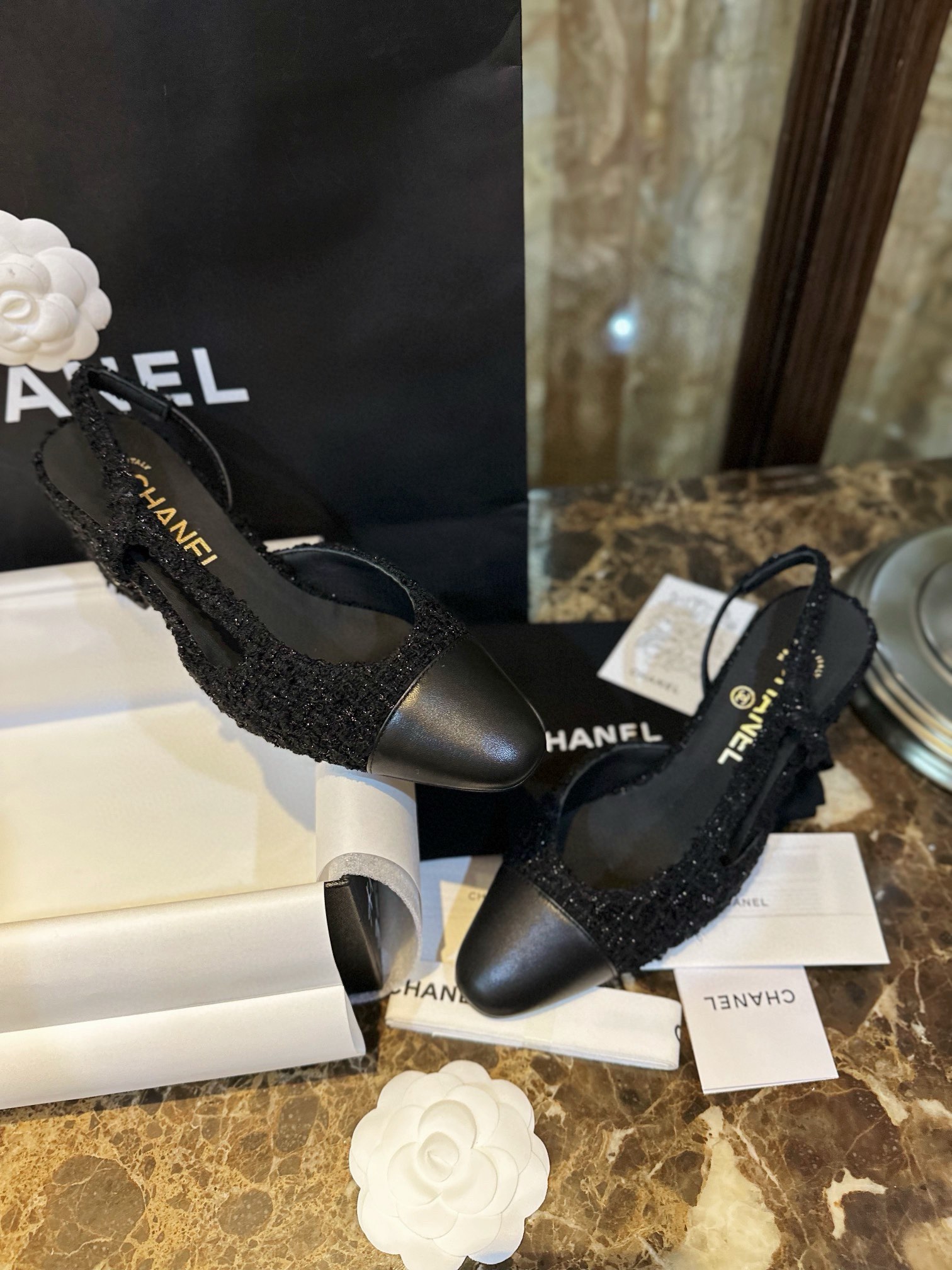 Chanel Black Glitter Tweed High Heel 