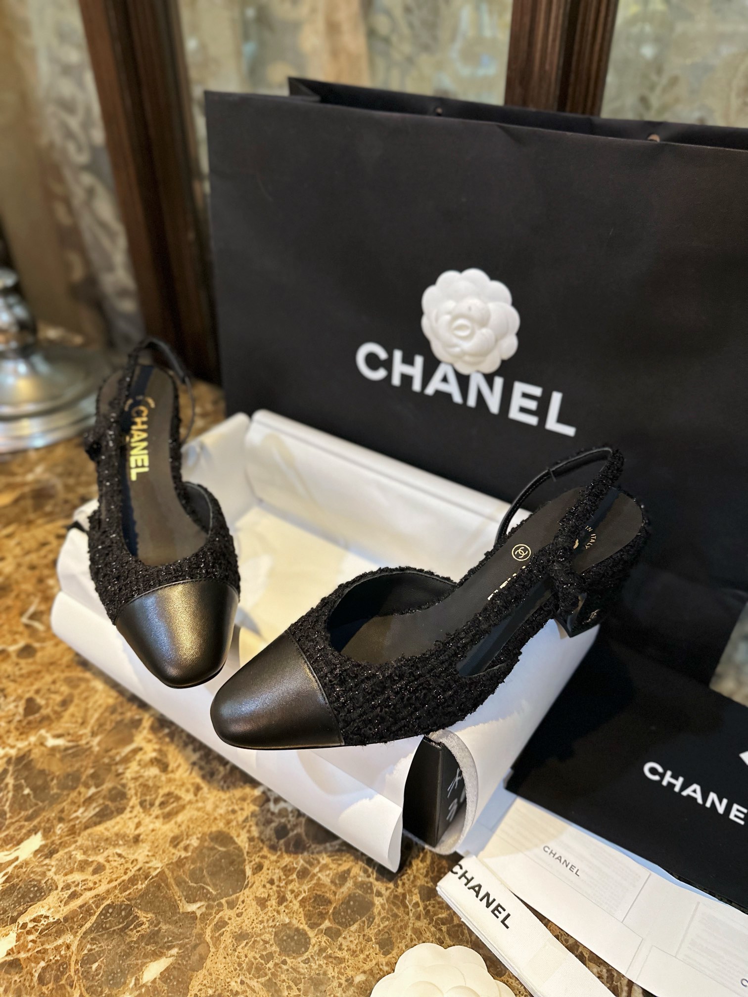 Chanel Black Glitter Tweed High Heel 