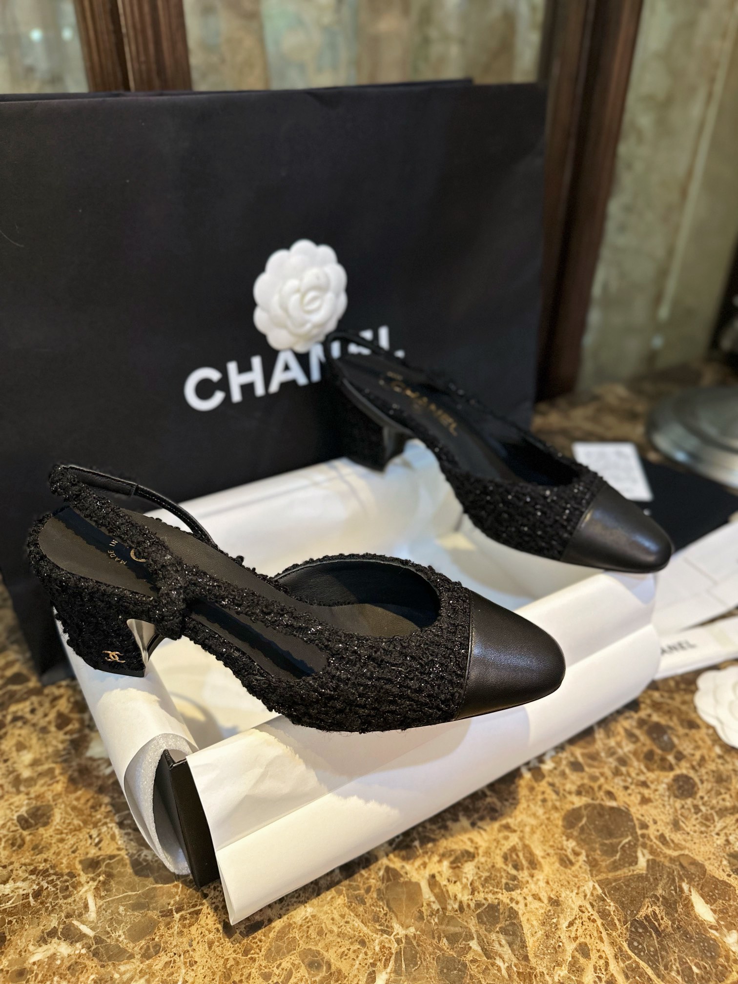 Chanel Black Glitter Tweed High Heel 