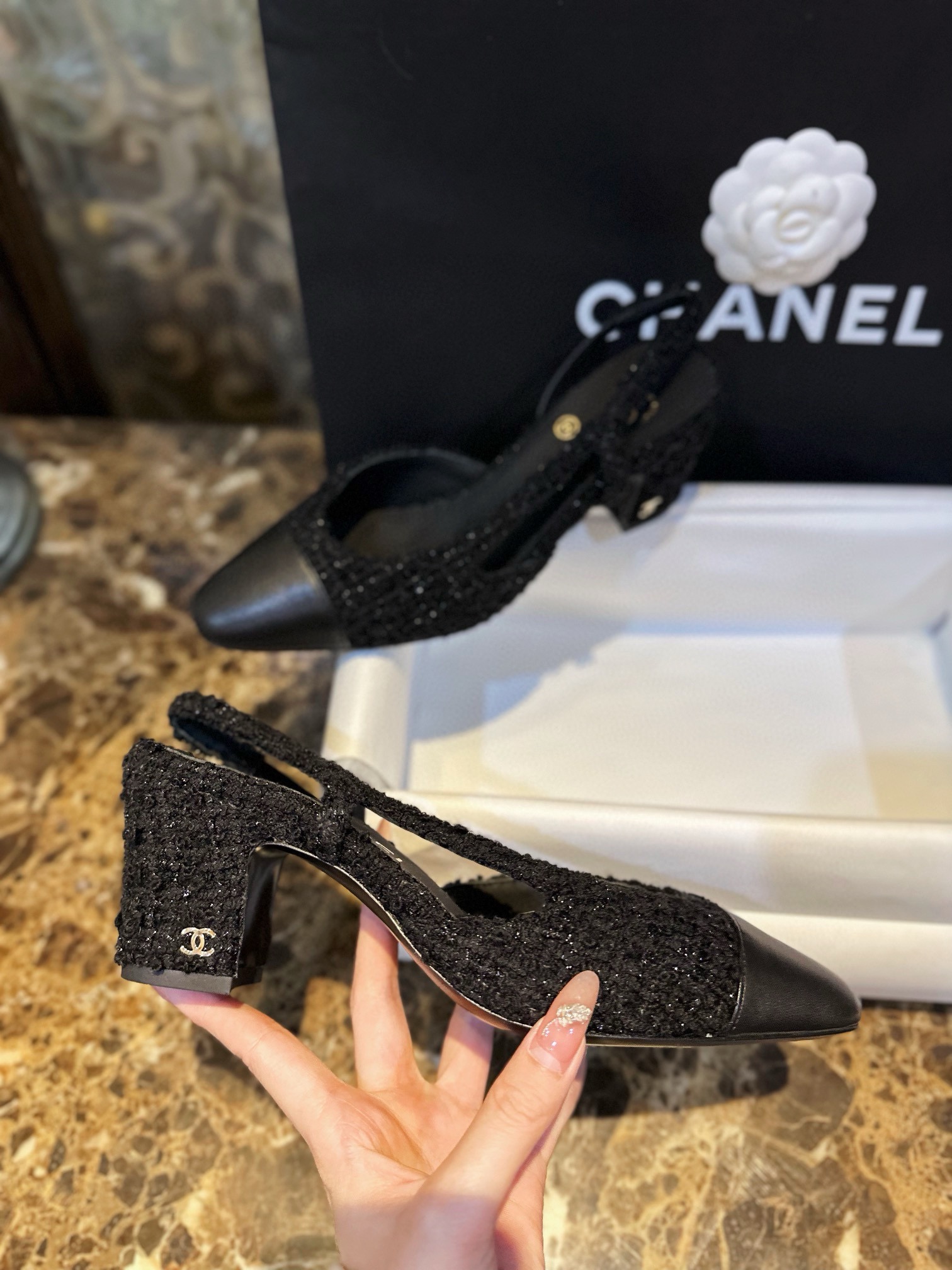 Chanel Black Glitter Tweed High Heel 