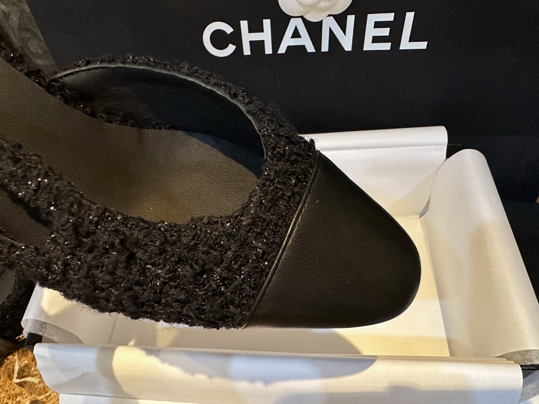 Chanel Black Glitter Tweed High Heel 