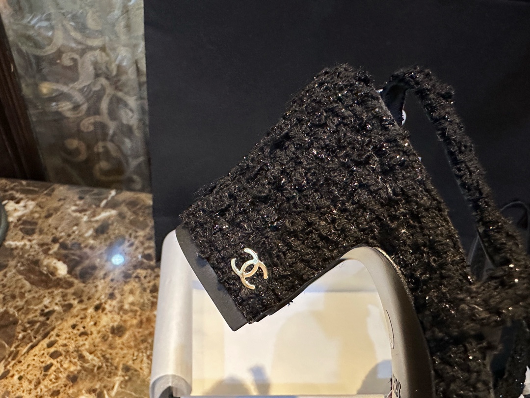 Chanel Black Glitter Tweed High Heel 