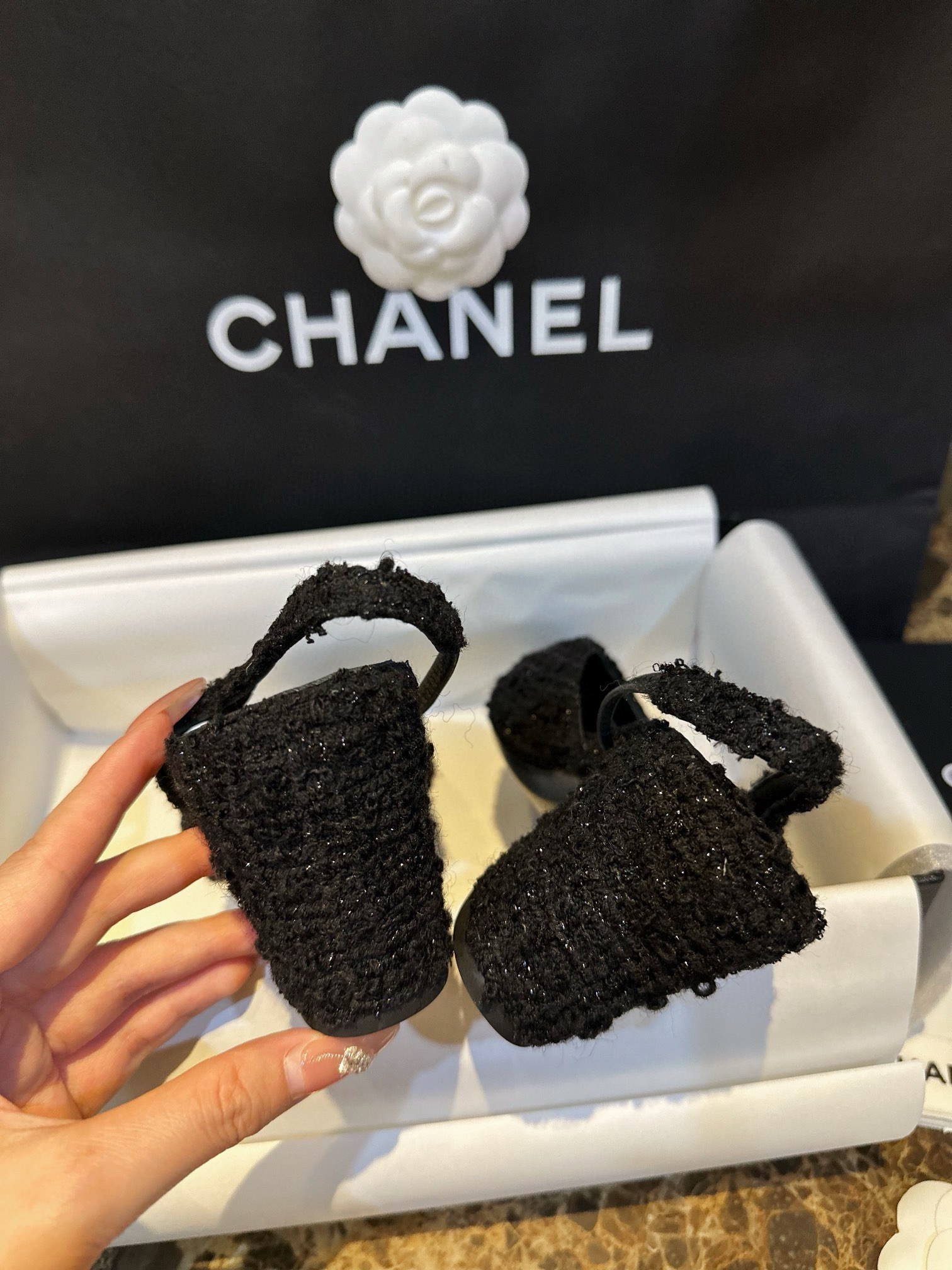 Chanel Black Glitter Tweed High Heel 