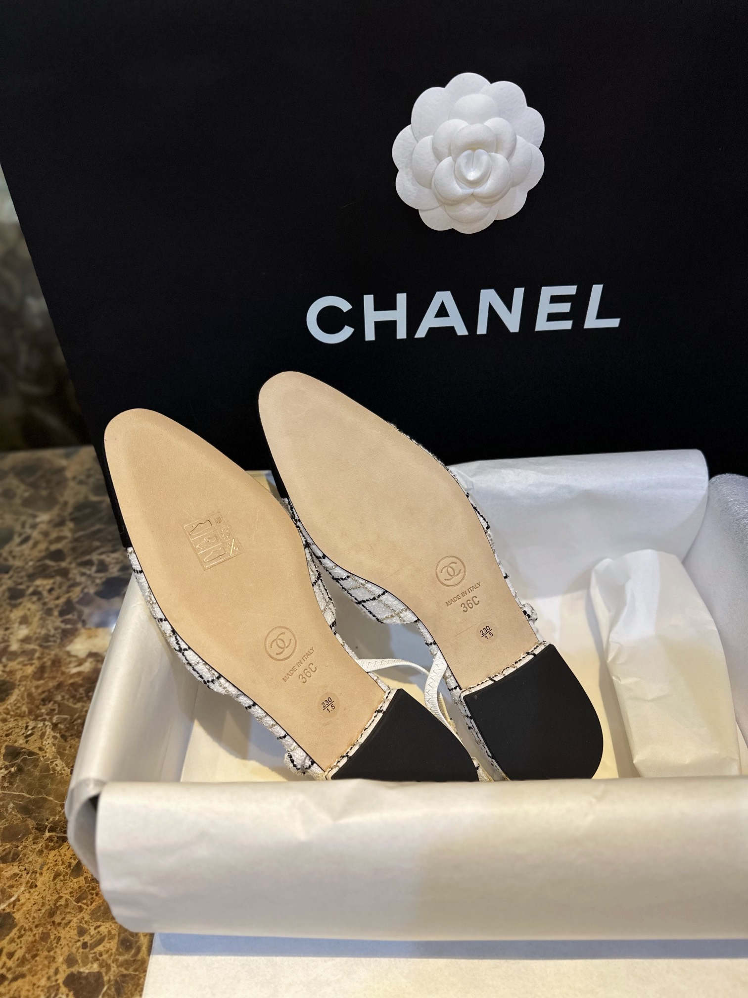 Chanel Gold Thread Tweed Flat Slingback 